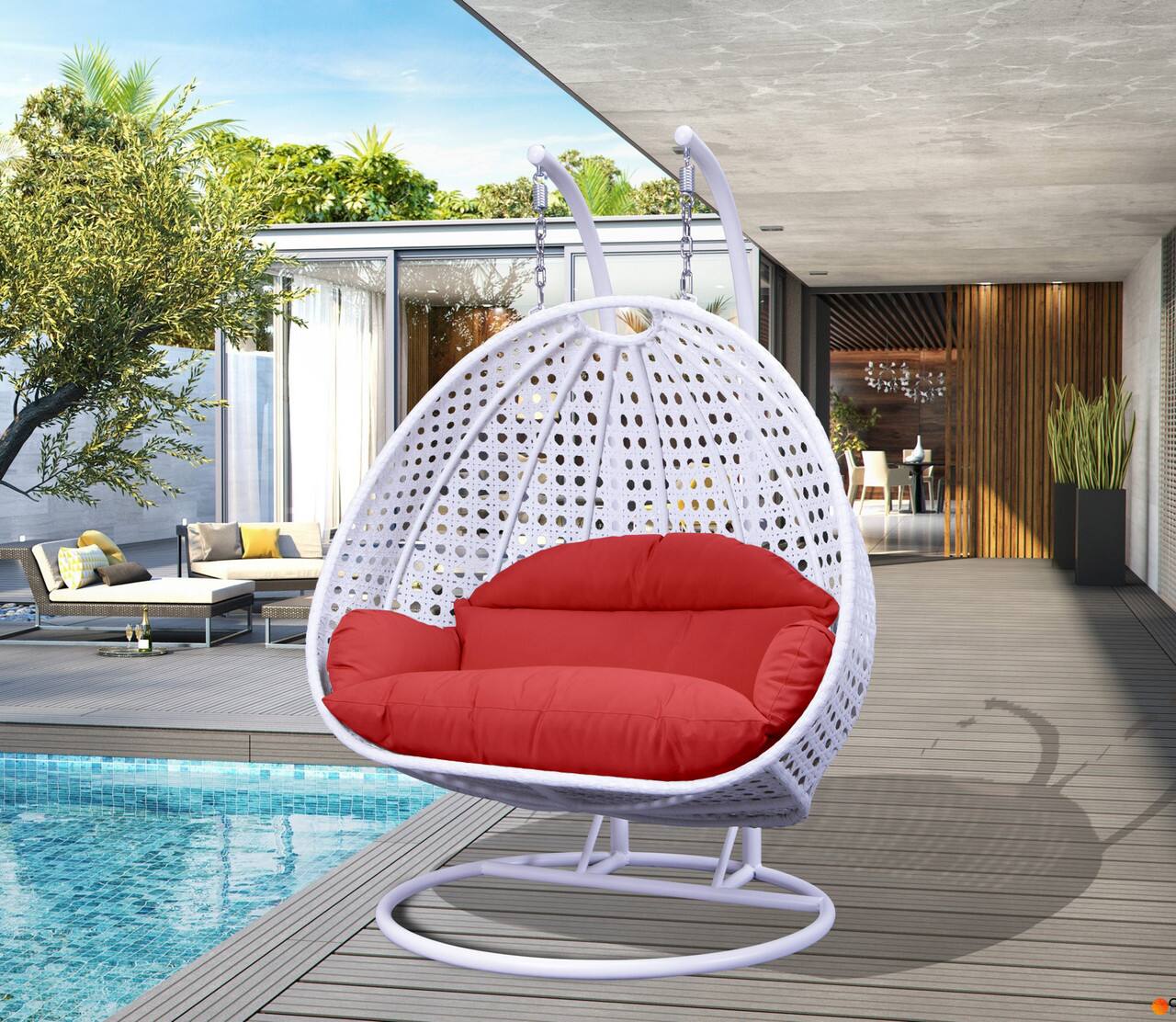 Angle. LeisureMod - Leisuremod Modern 2-Person Outdoor Egg Swing White Wicker Chair with Stand, Plush Washable Cushions & Waterproof Cover - Red.
