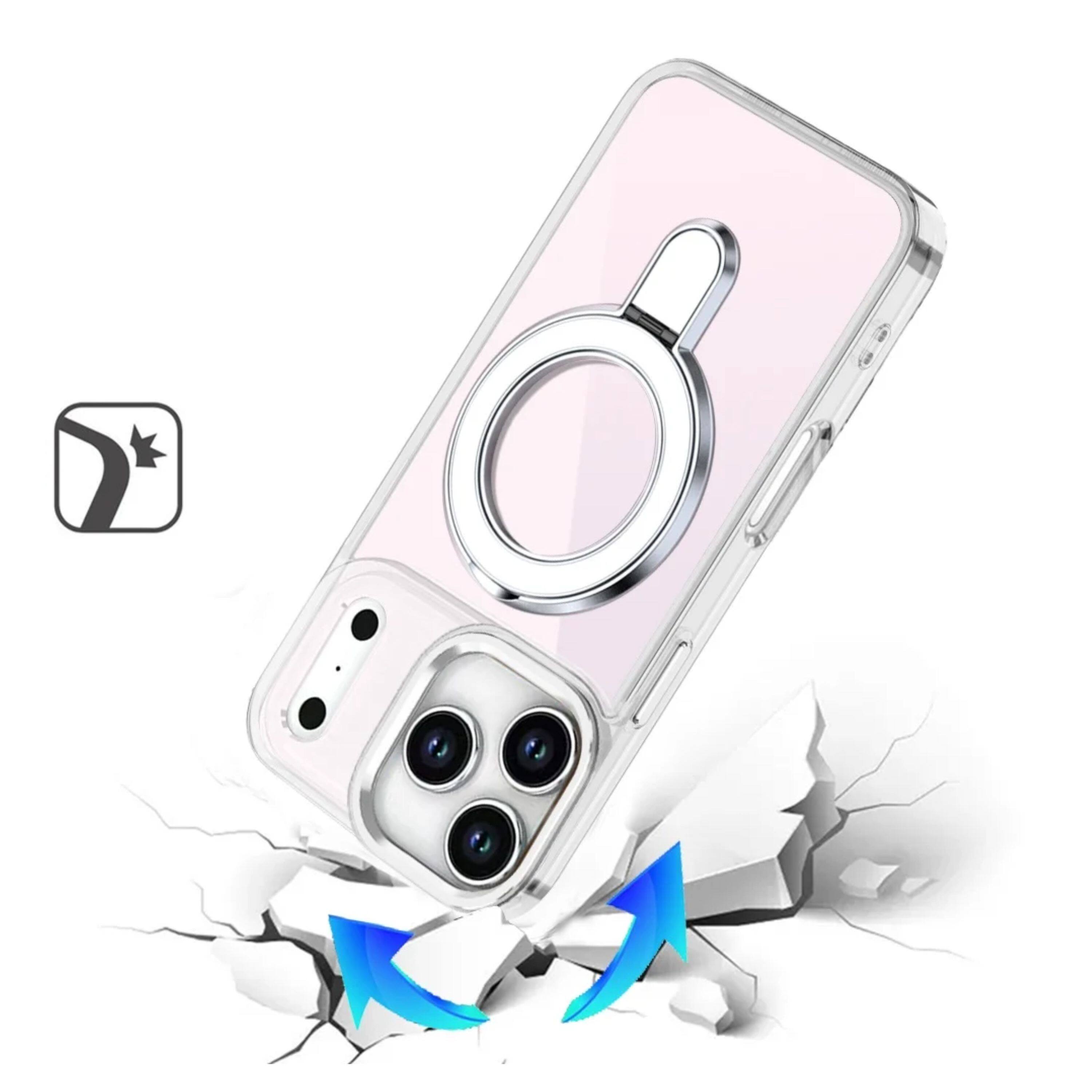 Angle. Kitcheniva - Radiant Chrome Magnetic Circle Stand Phone Case With Tempered Glass For iPhone 17 Pro Max Clear - Clear.