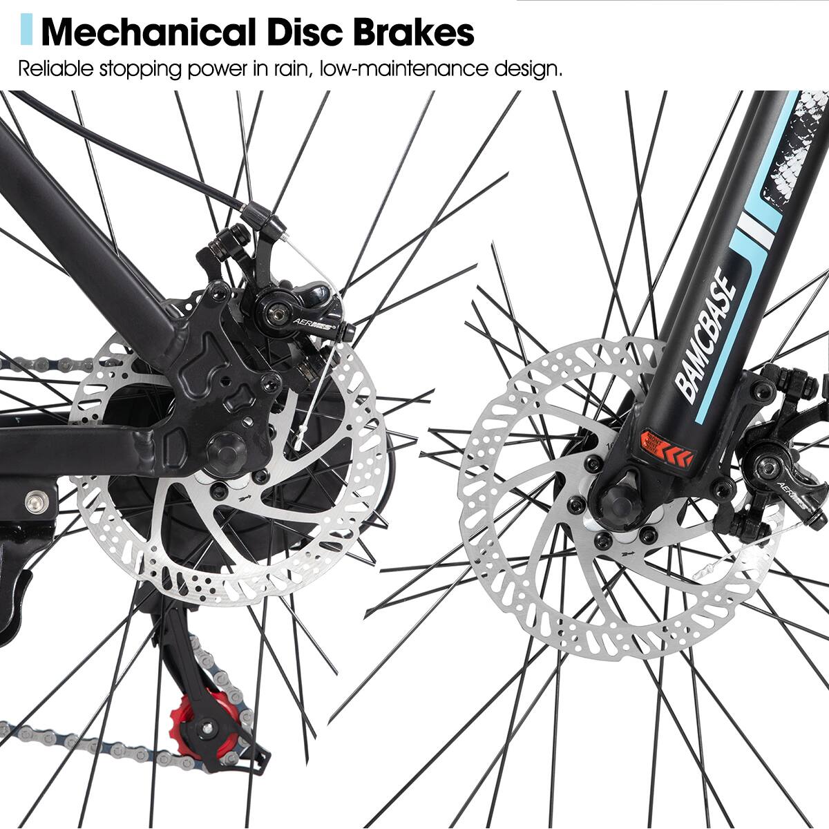 Mechanical Disc Brakes  
Reliable stopping power in rain, low-maintenance design.