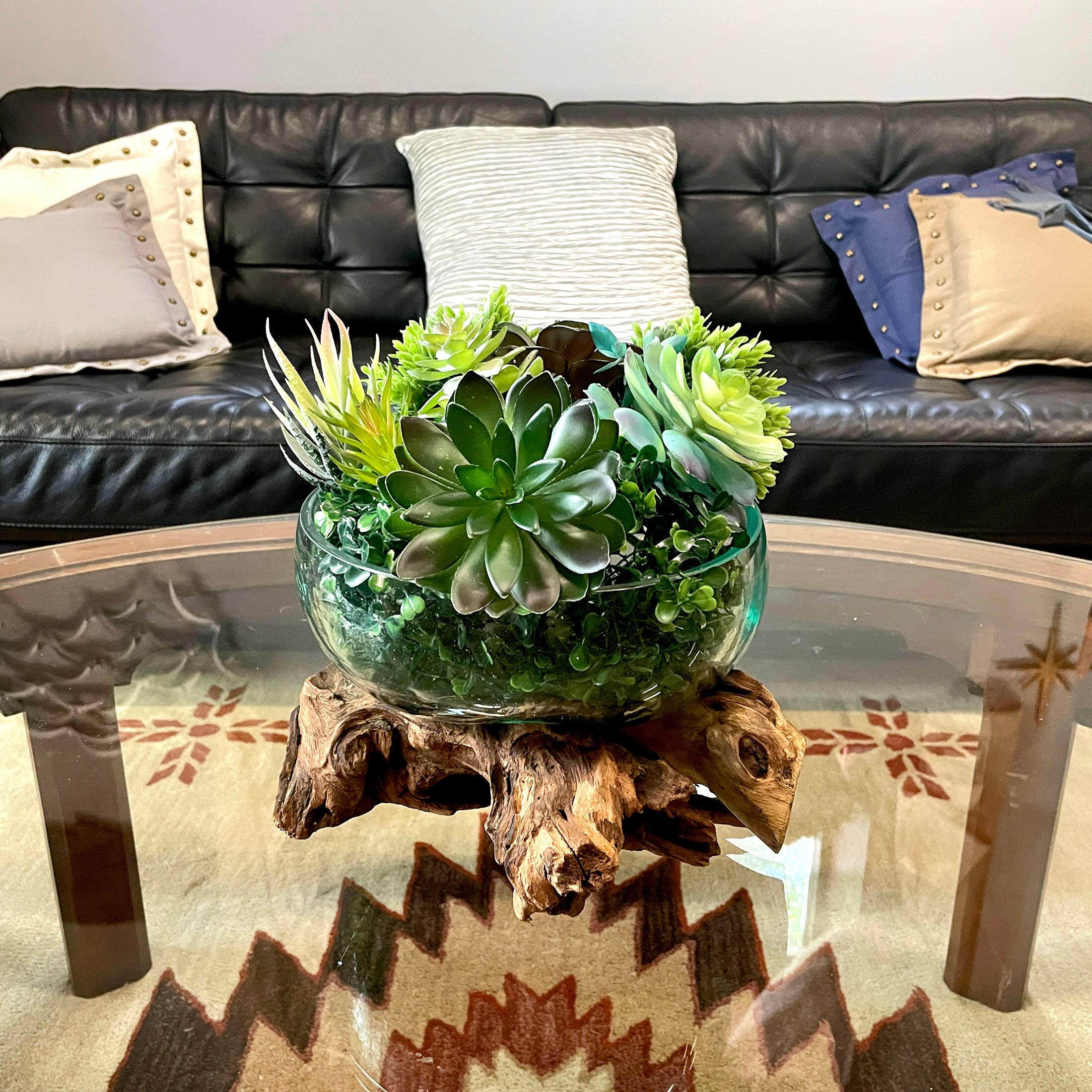 Alt View 4. Things2Die4 - Molten Glass Bowl on Driftwood 10" Hand Blown Decorative Centerpiece Planter - Natural.