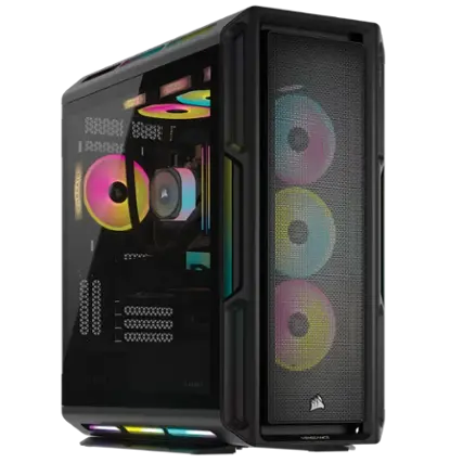 Corsair is the brand of the computer tower shown in the image. The tower features a unique design with a combination of CDs and a rainbow-colored pattern. The tower is open, revealing the internal components, including the motherboard and various cables. The case is black and has a sleek appearance, making it an attractive choice for computer enthusiasts.
