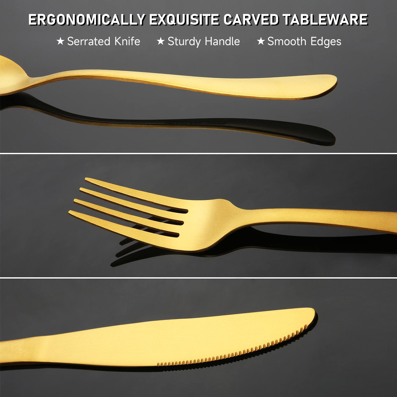 ERGONOMICALLY EXQUISITE CARVED TABLEWARE  
- Serrated Knife  
- Sturdy Handle  
- Smooth Edges