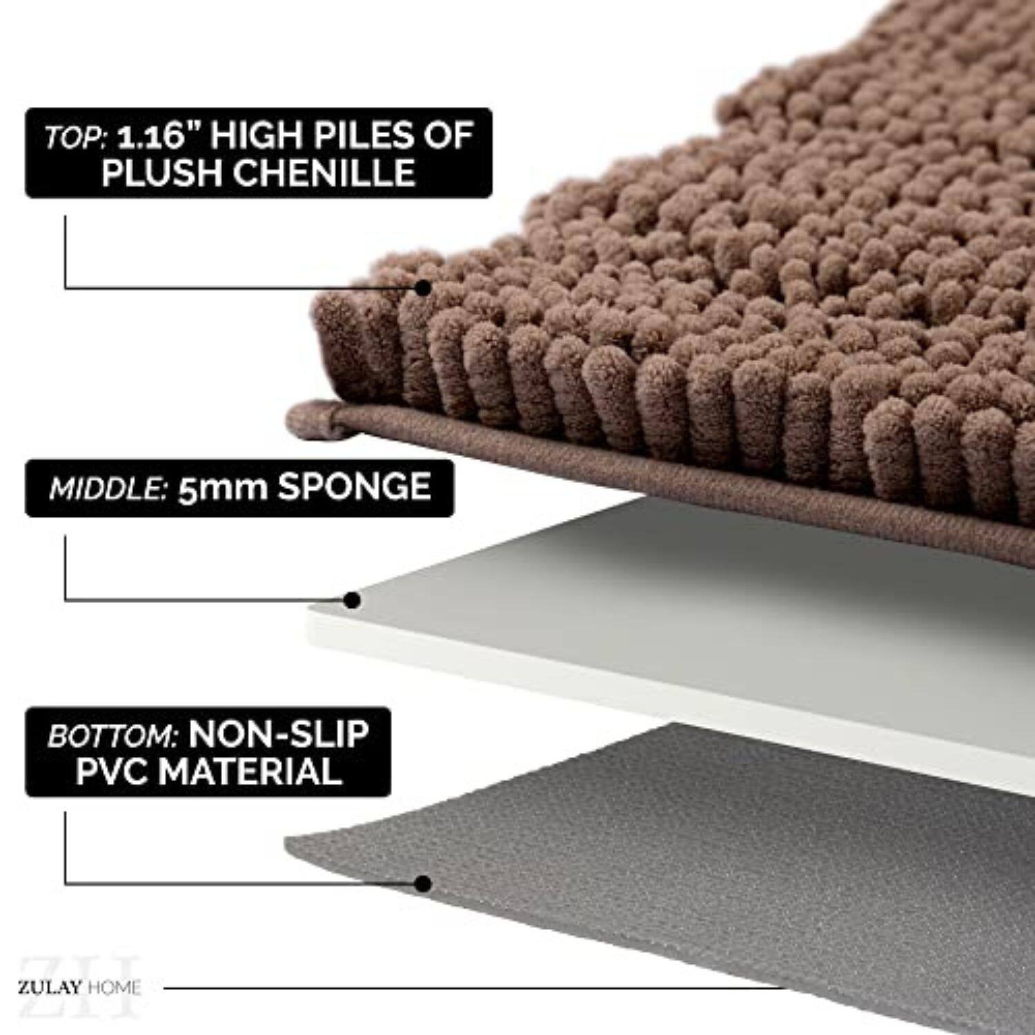 TOP: 1.16" HIGH PILLS OF PLUSH CHENILLE  
MIDDLE: 5mm SPONGE  
BOTTOM: NON-SLIP PVC MATERIAL  
ZULAY HOME