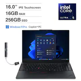 Lenovo - ThinkPad E16 Laptop 16'' Touchscreen (Intel Ultra 5-225U, 16GB DDR5, 256GB SSD, Win 11 Pro) w/DKZ USB Hub - Black