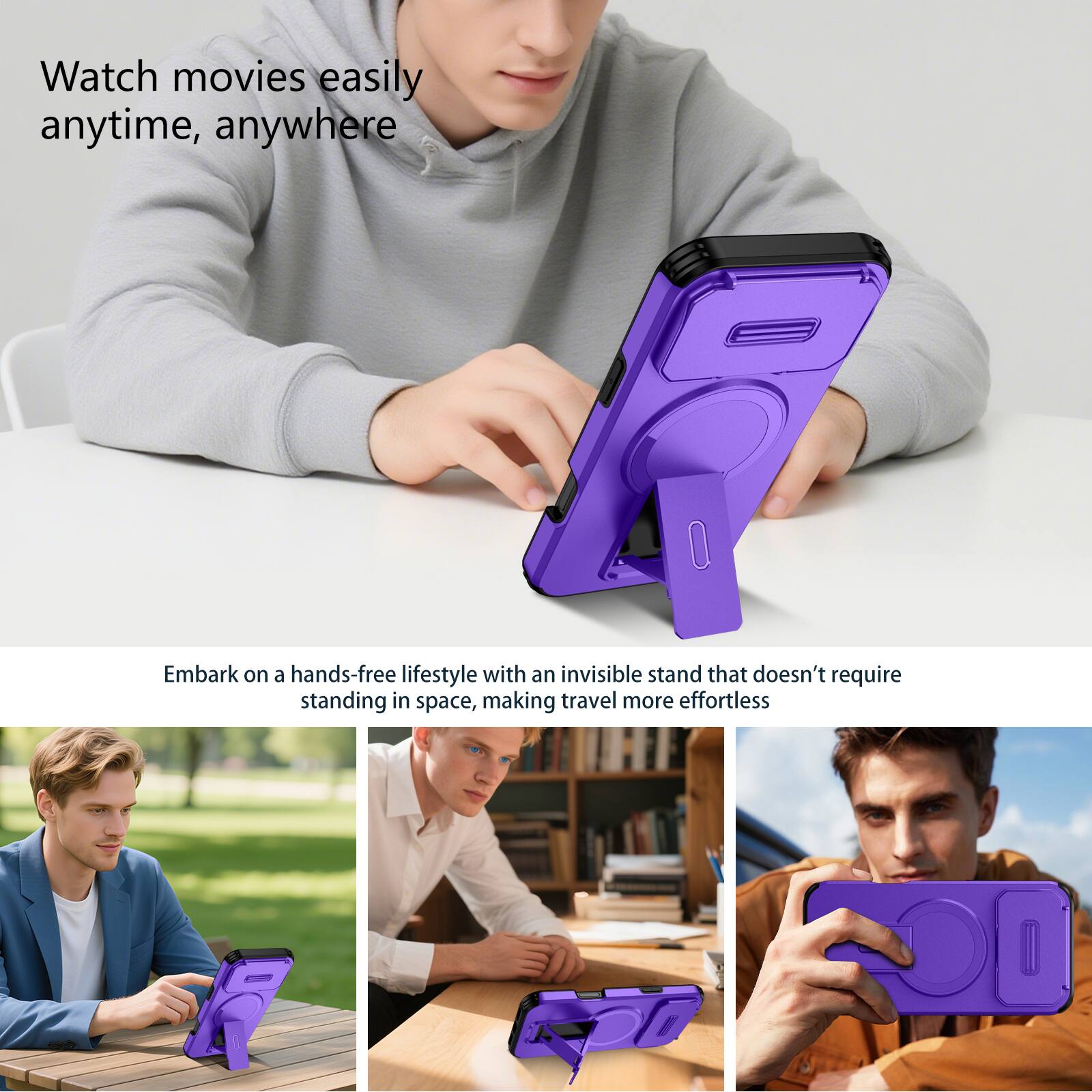 Watch movies easily anytime, anywhere

Embark on a hands-free lifestyle with an invisible stand that doesn't require standing in space, making travel more effortless