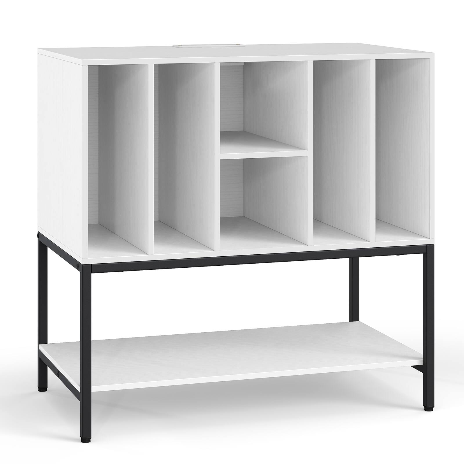 Alt View 9. Gymax - Gymax Record Player Stand w/Charging Station Vinyl Storage Holder Shelves Metal Frame White - White.