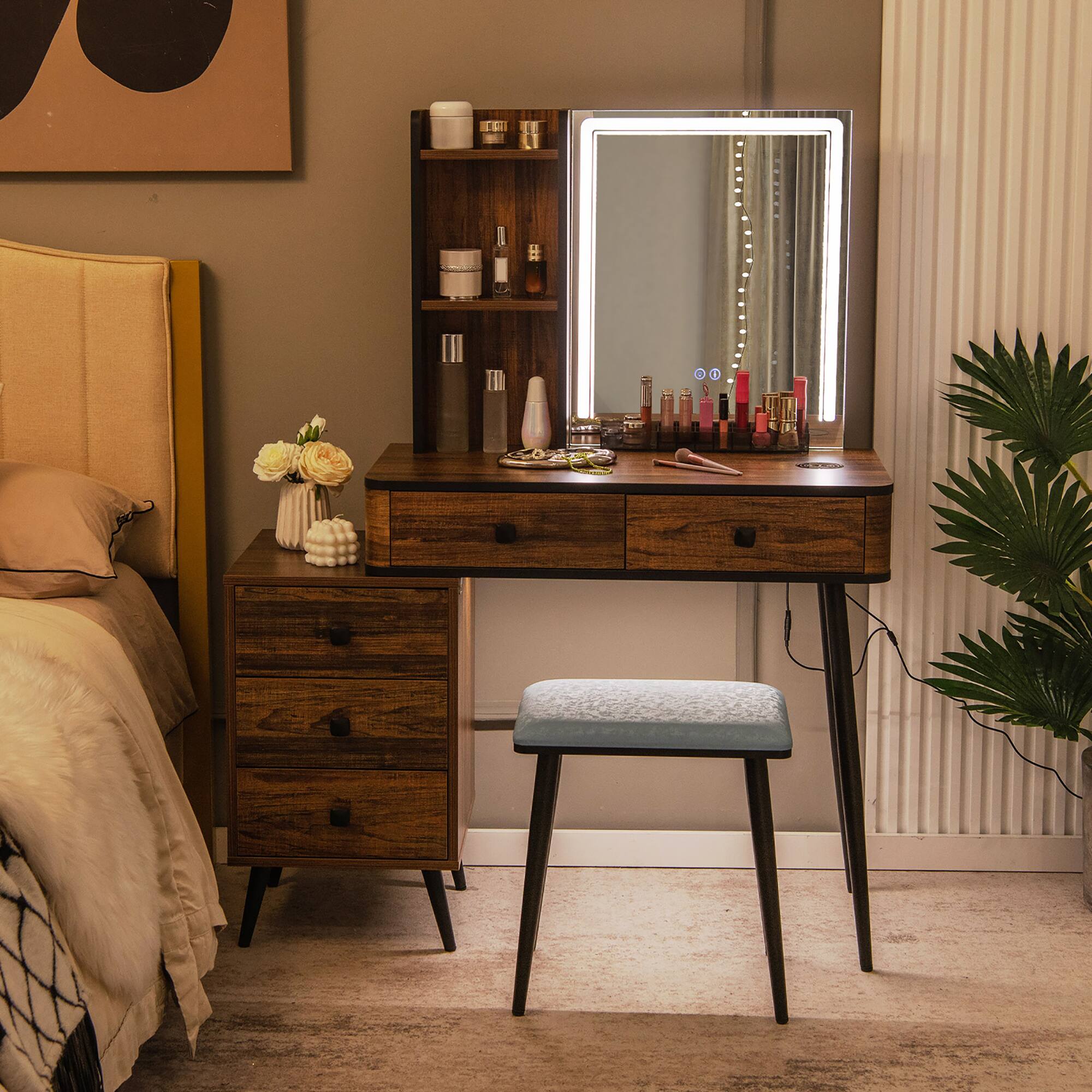 Alt View 1. Costway - Costway Vanity Set with Dimmable Lighted Mirror 3 Lighting Modes - Brown.