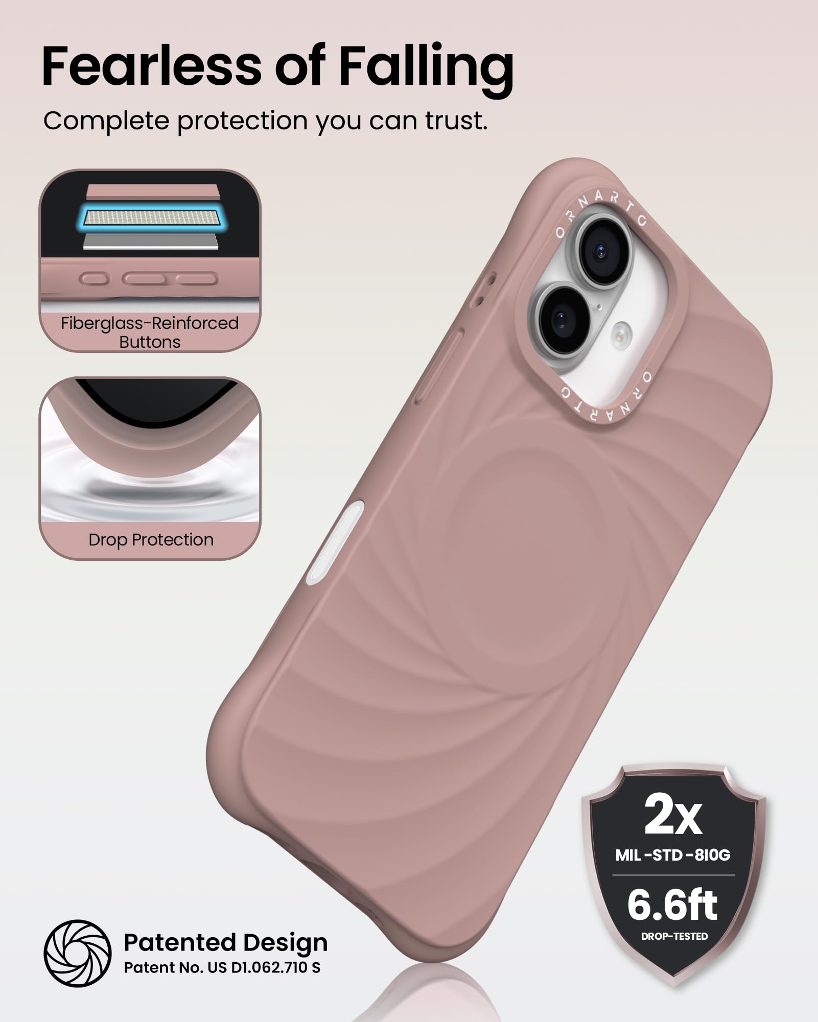 Fearless of Falling  
Complete protection you can trust.

- Fiberglass-Reinforced Buttons
- Drop Protection

Patented Design  
Patent No. US D1.062.710 S

2x MIL-STD-810G  
6.6ft DROP-TESTED