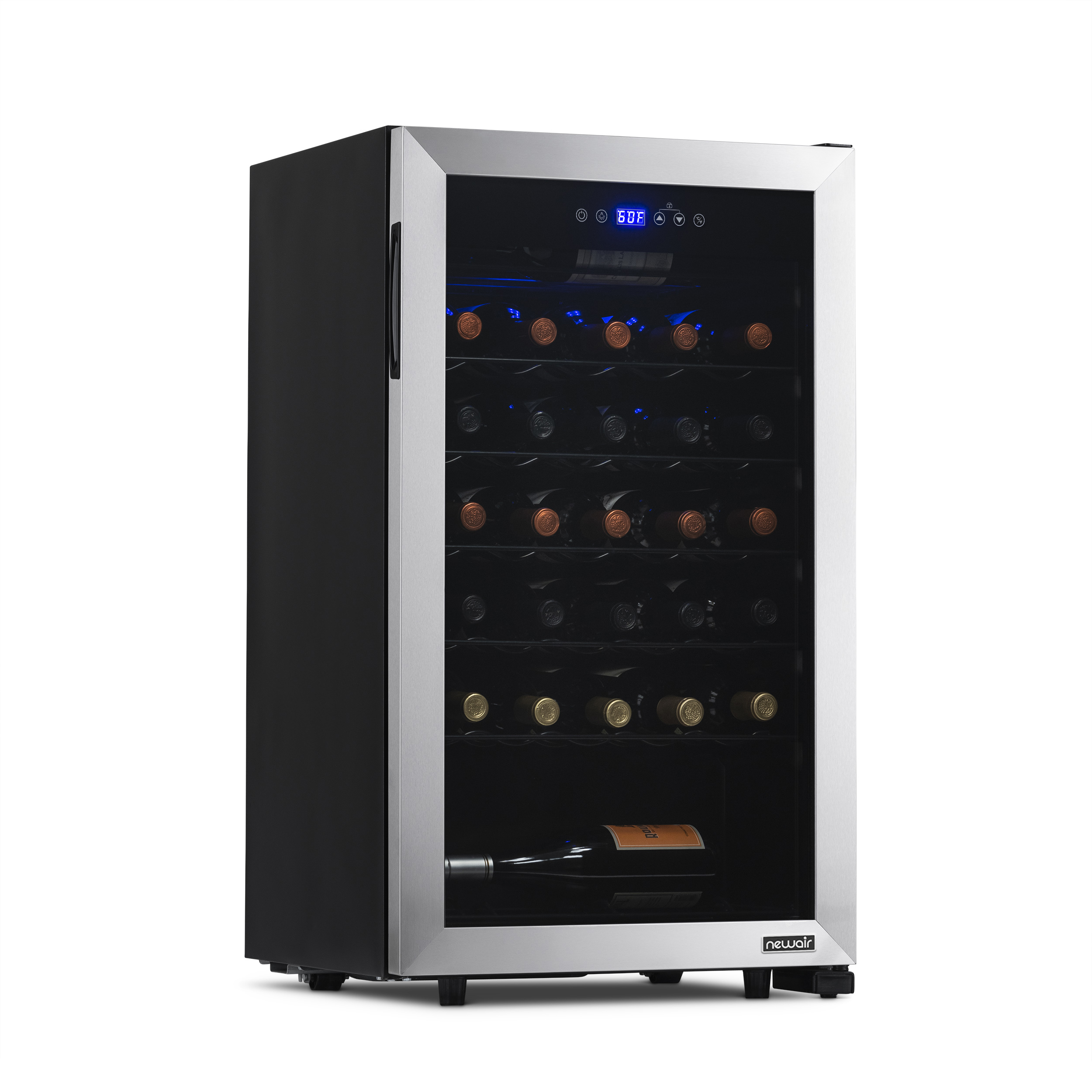 The text "6DF - newair" refers to a wine cooler with a capacity of 6 bottles and a digital display. The cooler is made of stainless steel and has a blue light inside, which illuminates the wine bottles. The bottles are stored in a refrigerator with a glass door, and the cooler is designed to keep the wine at the optimal temperature for preservation and enjoyment.