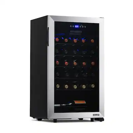 The text "6DF - newair" refers to a wine cooler with a capacity of 6 bottles and a digital display. The cooler is made of stainless steel and has a blue light inside, which illuminates the wine bottles. The bottles are stored in a refrigerator with a glass door, and the cooler is designed to keep the wine at the optimal temperature for preservation and enjoyment.
