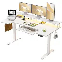 AODK - U-Shaped Electric Height-Adjustable Standing Desk with Keyboard Tray,Power Outlets and LED Lights - White