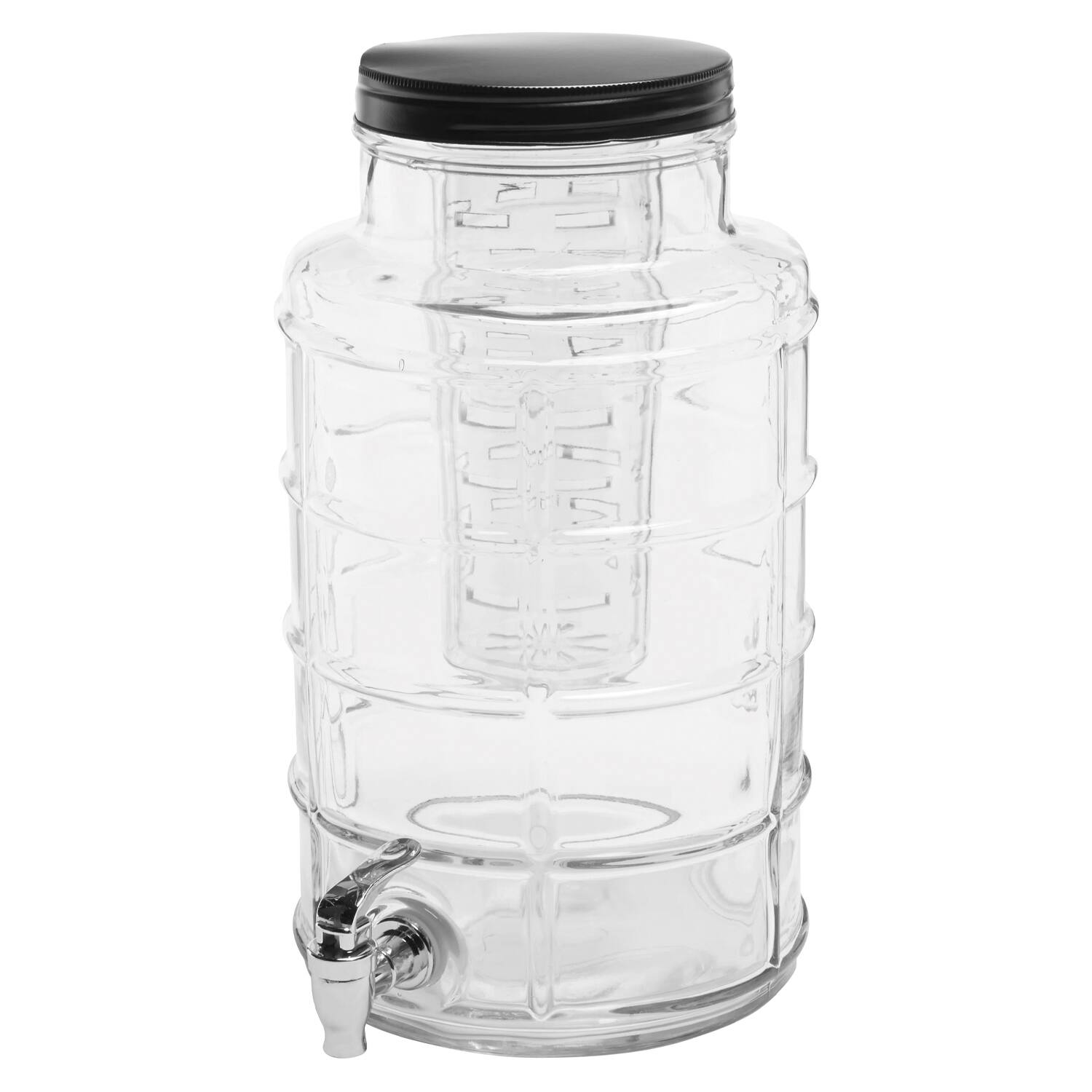 Angle. Jay Import - Big Window 2.4 GAL/ 9L Beverage Dispenser With Ice Insert, Fruit Infuser, And Black Galvanized Base - Clear.