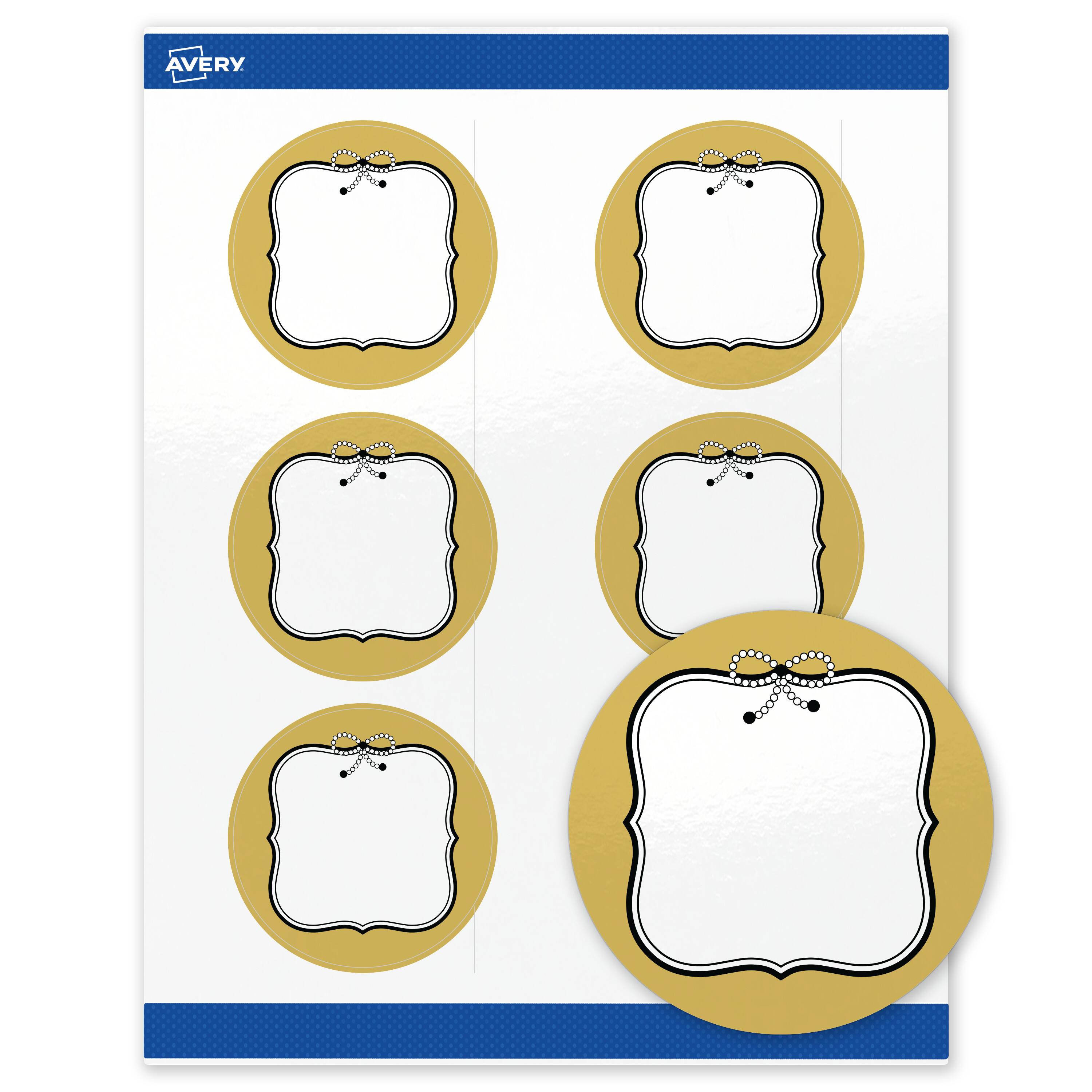 Front. Avery - Avery Labels, 3" Diameter, Glossy White, Metallic Gold/Black Bow - White.