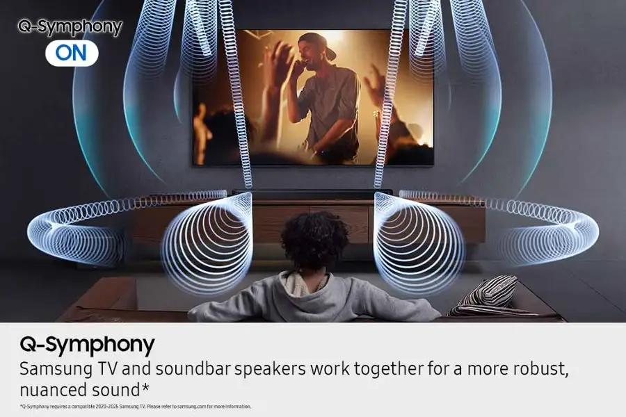 Q-Symphony is a feature that allows Samsung TV and soundbar speakers to work together for a more robust and nuanced sound. This feature requires a compatible Samsung TV, specifically model number 72020-2025. For more information, please visit samsung.com.