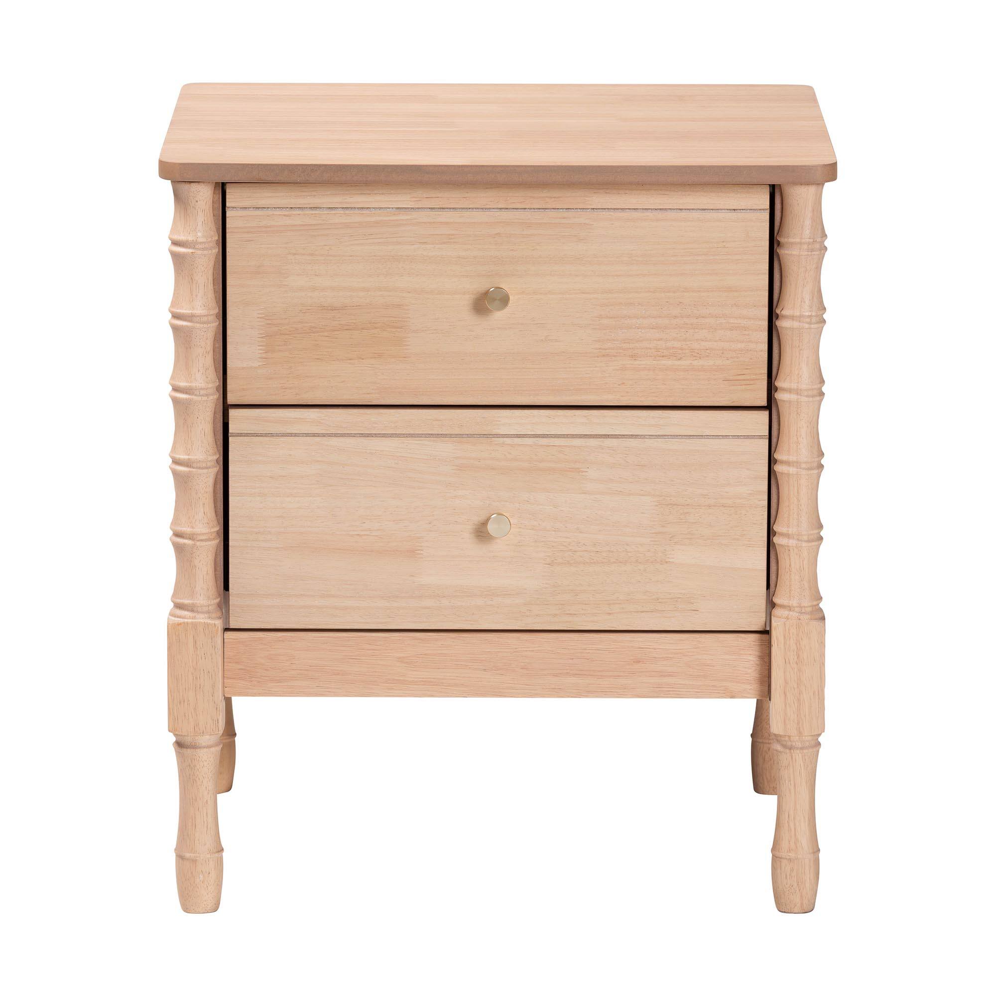 Left. Baxton Studio - Baxton Studio Laurent Nightstand - 2-Drawer Bedside Table with Bamboo-Style Turned Legs - Beech Brown.