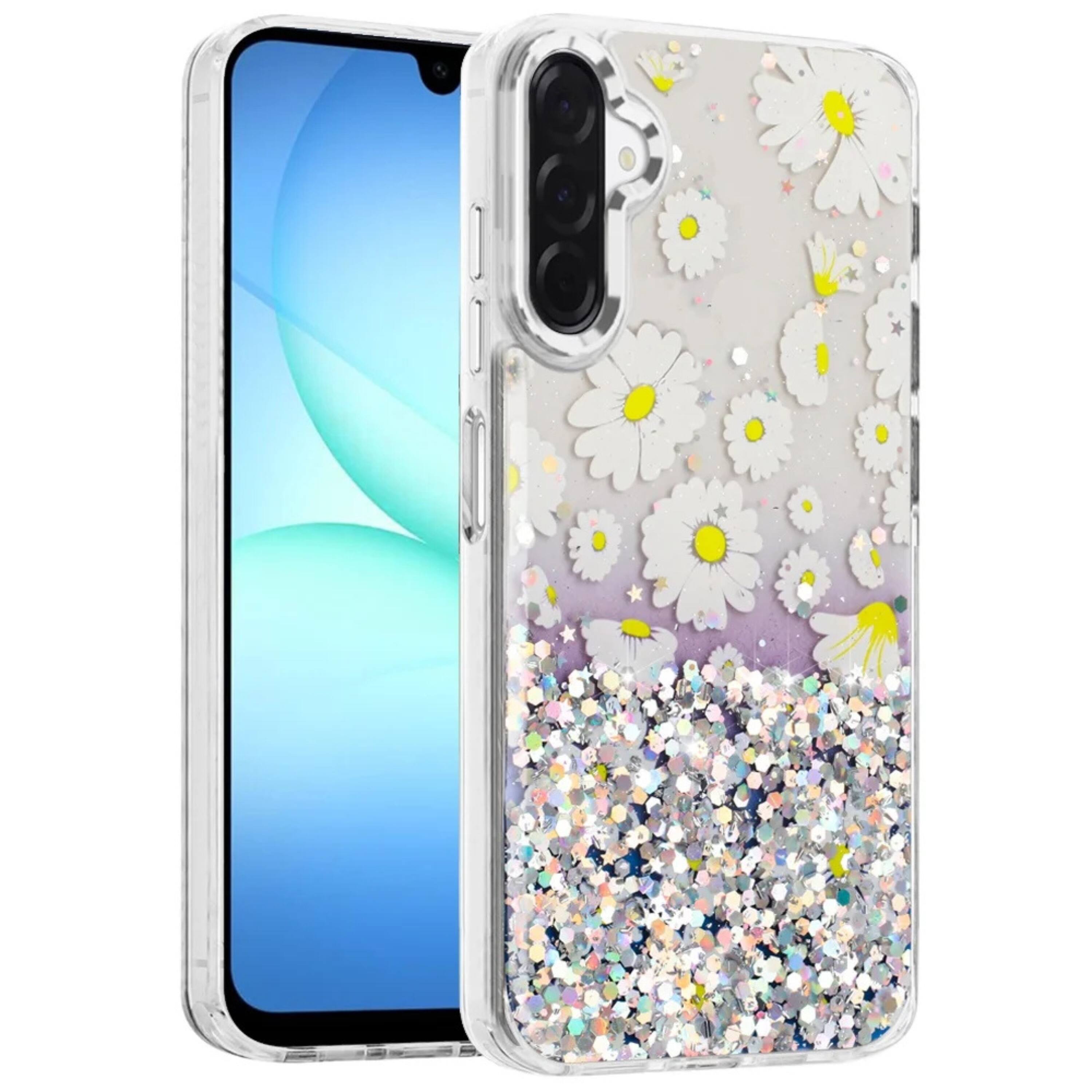 Angle. Kitcheniva - Cute In Mold Design Phone Case With Metallic Buttons And Tempered Glass For Samsung A17 5G White Flower - White.
