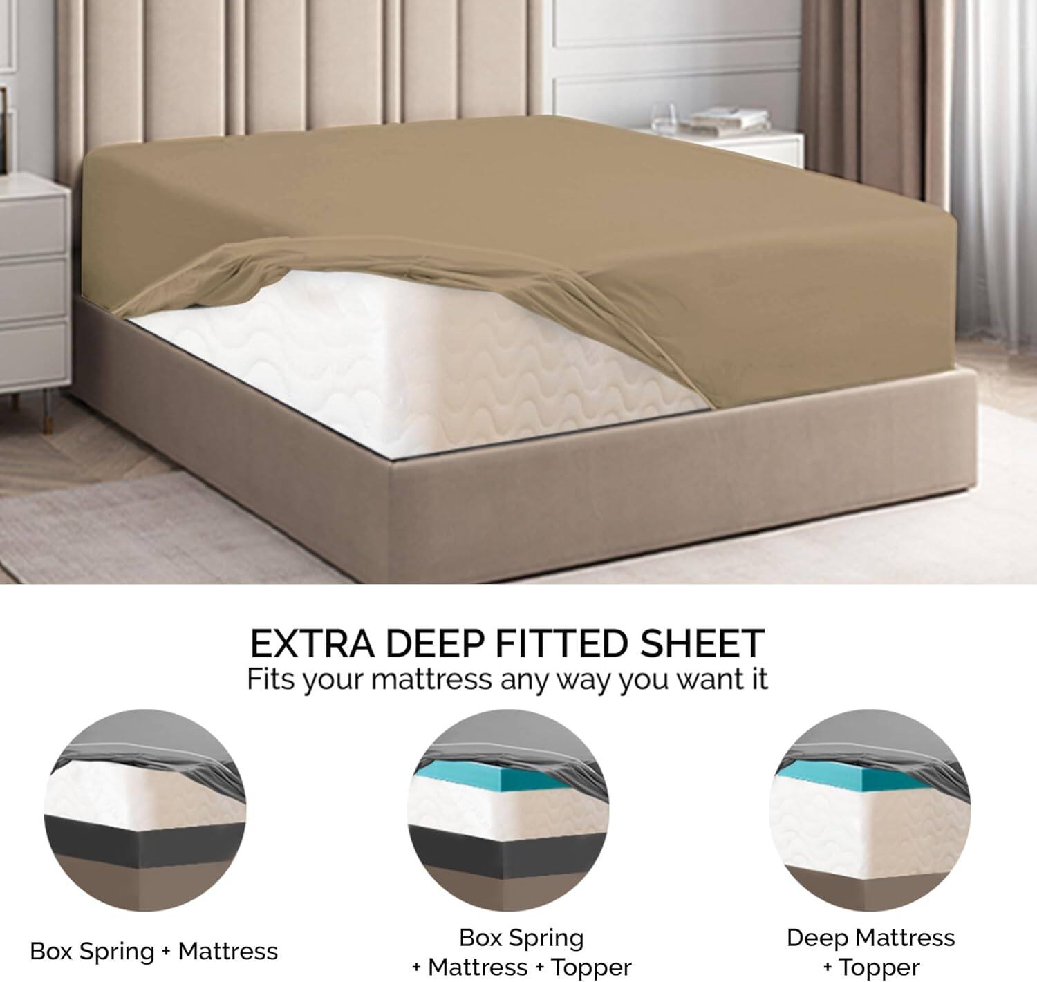 EXTRA DEEP FITTED SHEET  
Fits your mattress any way you want it  

- Box Spring + Mattress  
- Box Spring + Mattress + Topper  
- Deep Mattress + Topper