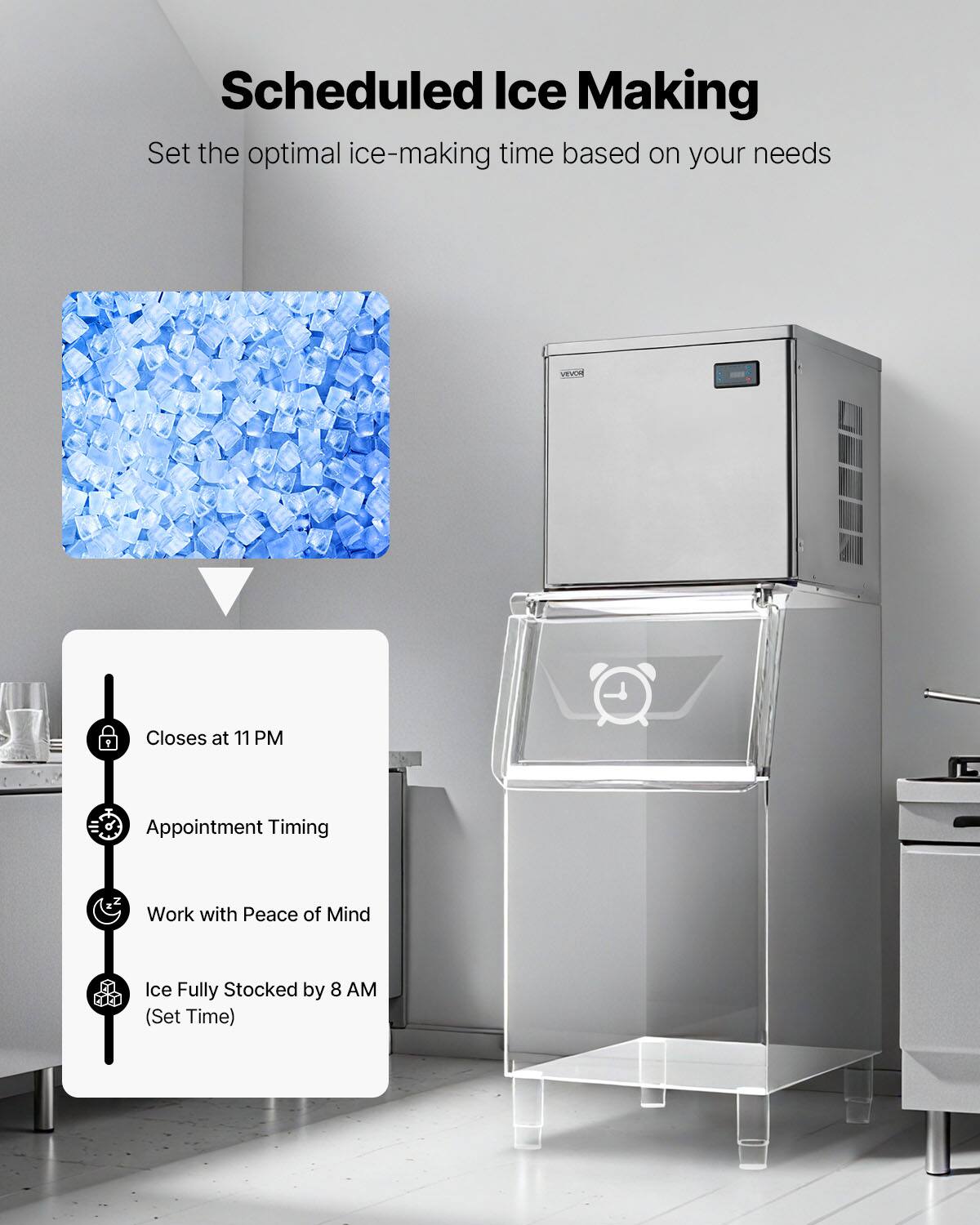 Scheduled Ice Making  
Set the optimal ice-making time based on your needs

- Closes at 11 PM
- Appointment Timing
- Work with Peace of Mind
- Ice Fully Stocked by 8 AM (Set Time)