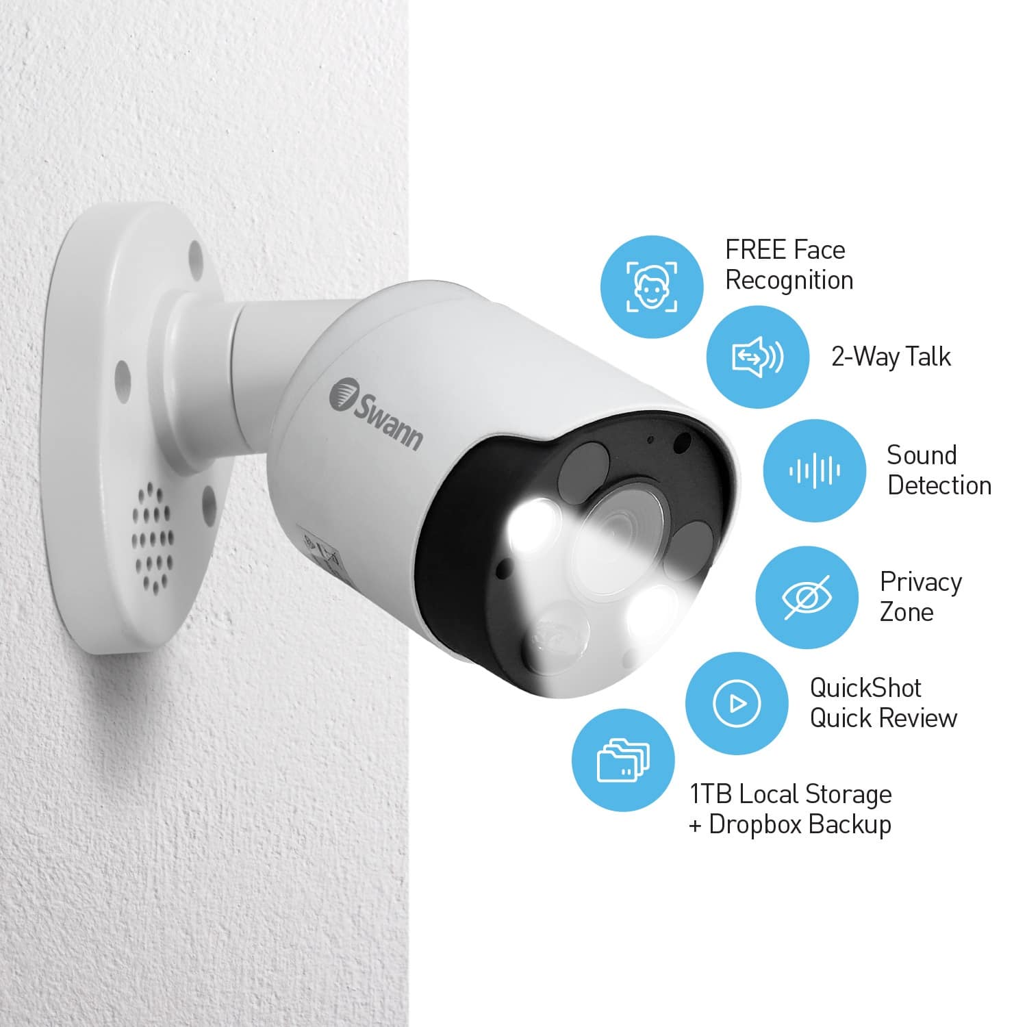 Left. Swann - 8 Channel 2TB NVR, 4 x 4K PoE Cameras, w/Dual LED Spotlights, Color Night Vision & Free Face Detection - Black/White.