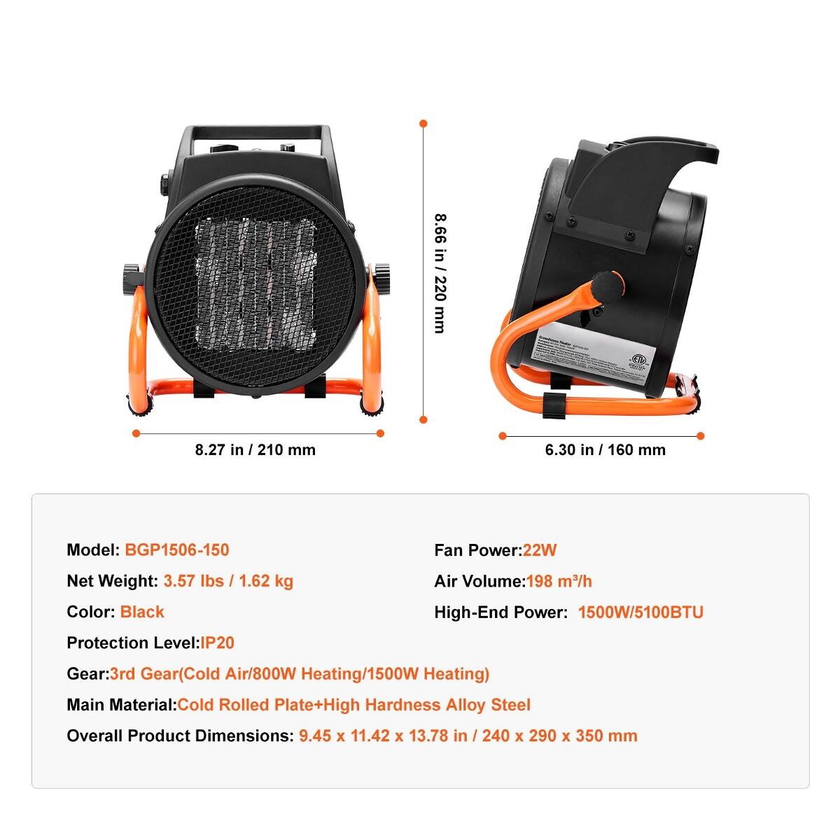 8.66 in / 220 mm  
8.27 in / 210 mm  
6.30 in / 160 mm  

Model: BGP1506-150  
Fan Power: 22W  
Net Weight: 3.57 lbs / 1.62 kg  
Color: Black  
Protection Level: IP20  
Air Volume: 198 m³/h  
High-End Power: 1500W / 5100BTU  
Gear: 3rd Gear (Cold Air / 800W Heating / 1500W Heating)  
Main Material: Cold Rolled Plate + High Hardness Alloy Steel  
Overall Product Dimensions: 9.45 x 11.42 x 13.78 in / 240 x 290 x 350 mm