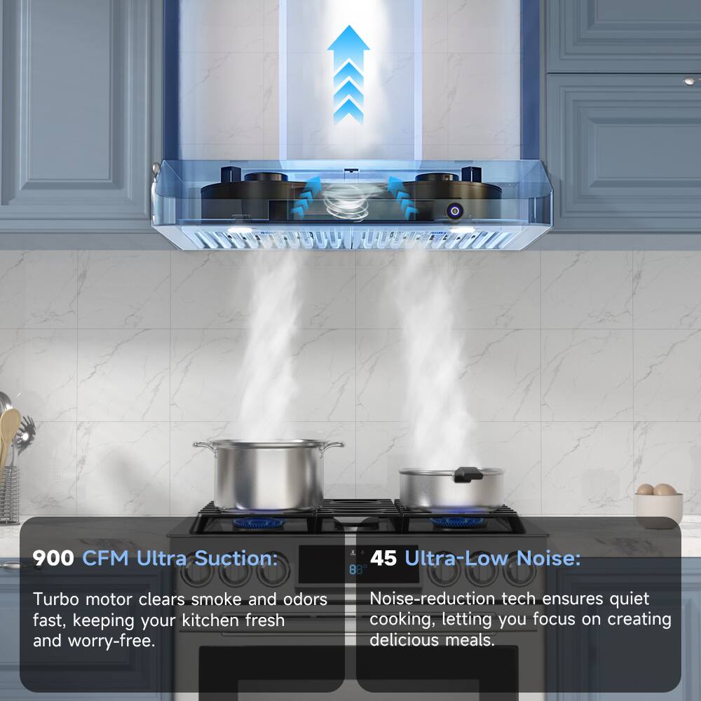 900 CFM Ultra Suction:  
Turbo motor clears smoke and odors fast, keeping your kitchen fresh and worry-free.

45 Ultra-Low Noise:  
Noise-reduction tech ensures quiet cooking, letting you focus on creating delicious meals.