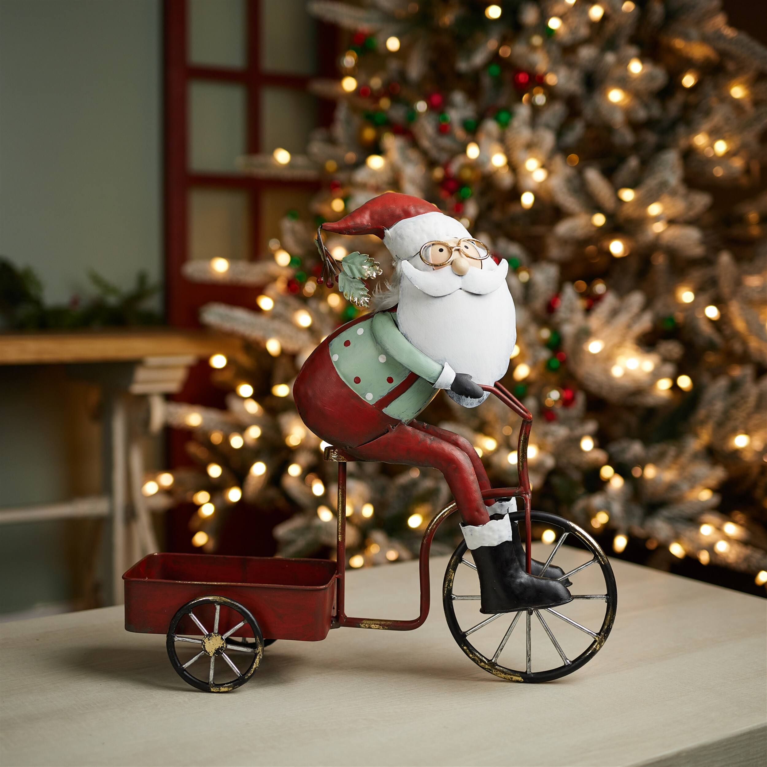 Angle. BreeBe - Whimsical Santa Riding Bike - Red, White, Green.