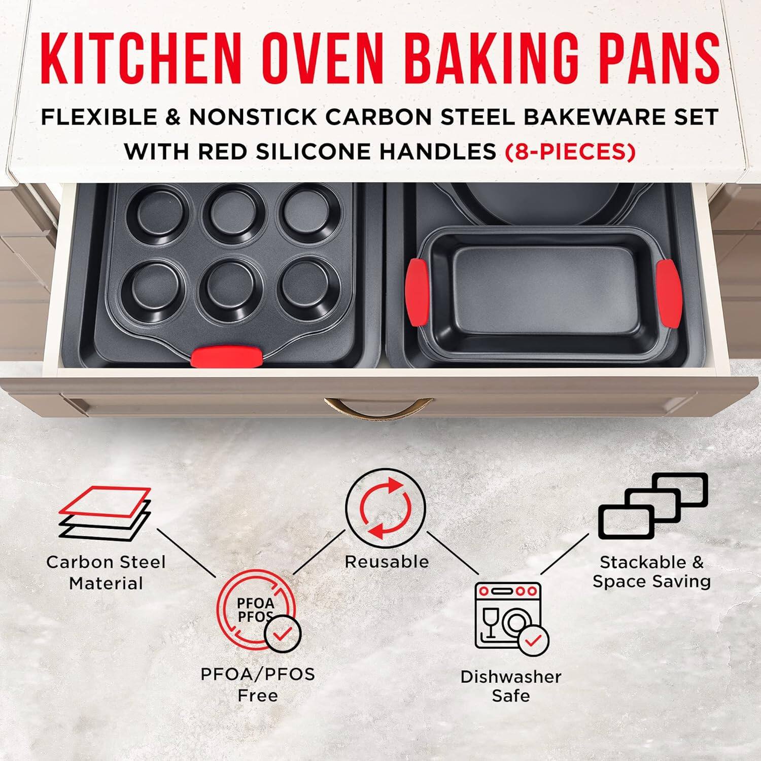 KITCHEN OVEN BAKING PANS FLEXIBLE & NONSTICK CARBON STEEL BAKEWARE SET WITH RED SILICONE HANDLES (8-PIECES) Carbon Steel Material PFOA/PFOS Reusable Stackable & Space Saving PFOA/PFOS Free Dishwasher Safe