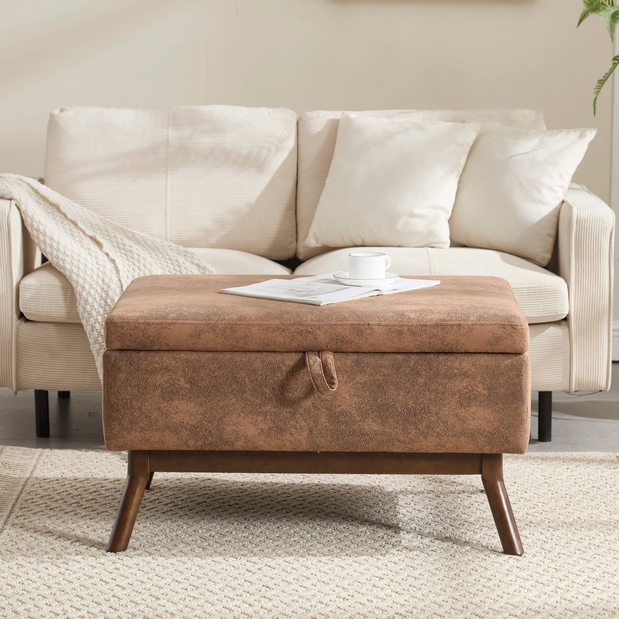 Alt View 7. GOODSILO - Mid-Century Modern Square Storage Ottoman Bench with Lift-Top Lid and Child Safety Hinge - Coffee.