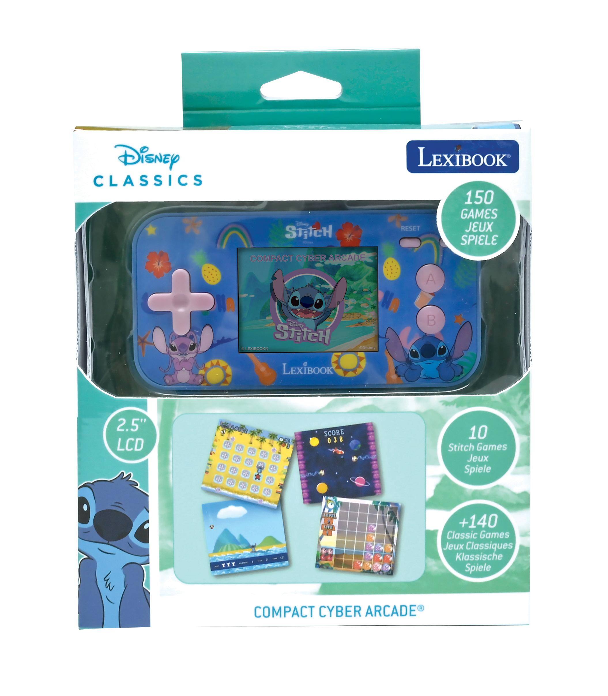 Disney CLASSICS  
STITCH COMPACT CYBER ARCADE  
LEXIBOOK  
LEXIBOOK 150 GAMES  
RESET  
JEUX SPIELE A B  
2.5" LCD  
4 + 4 SCORE 038 10  
Stitch Games Jeux Spiele TTT LETTE  
+140 Classic Games Jeux Classiques Klassische Spiele  
COMPACT CYBER ARCADE