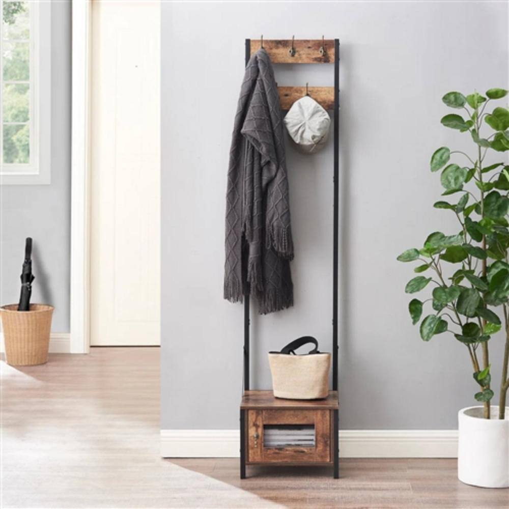 Back. Hivvago - Modern Industrial Metal Wood Entryway Hall Tree Shoe Storage Bench Coat Rack - Brown , Black.