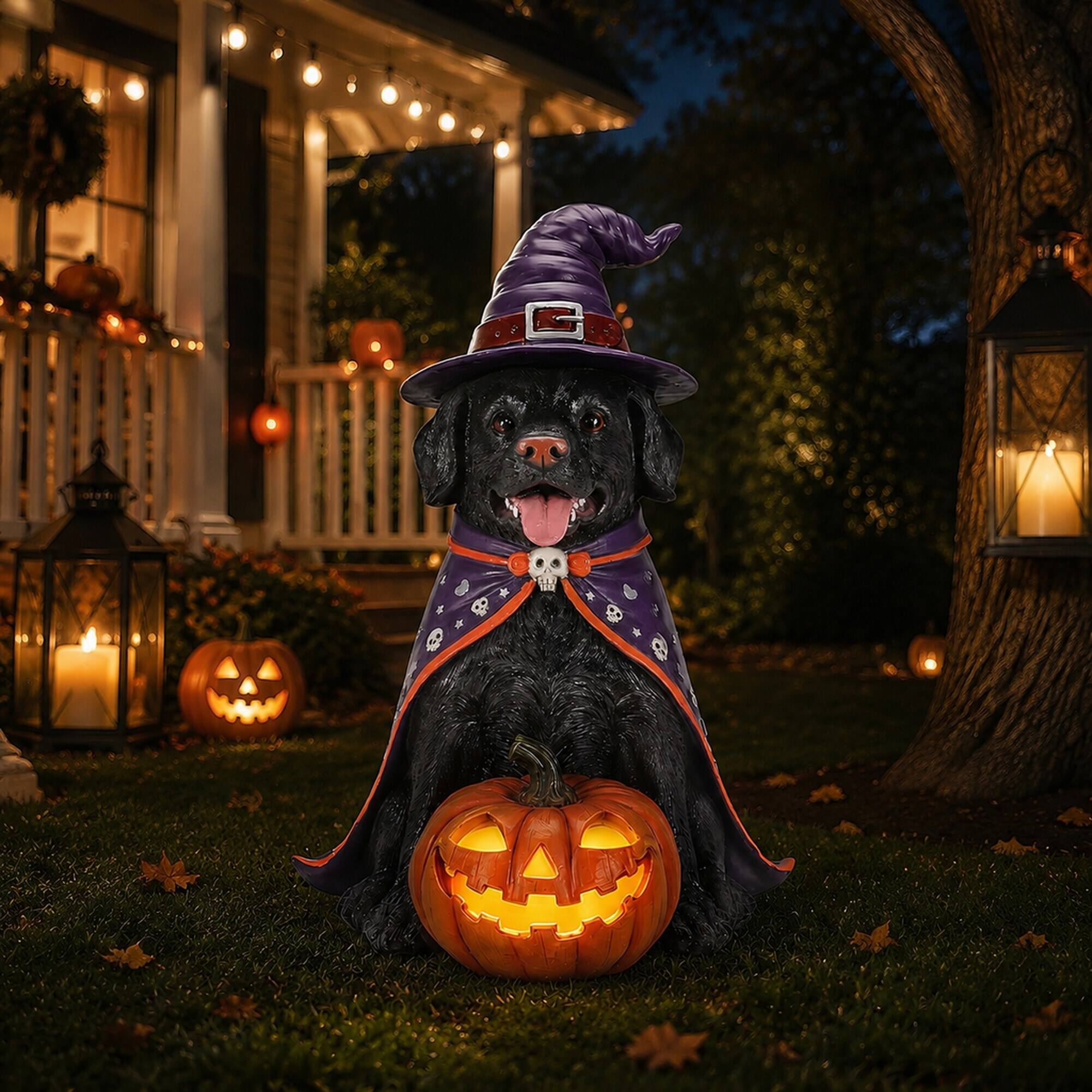 Angle. RYHNUYNE - Halloween Black Lab Dog Statue with Witch Hat Cape and Glowing Jack-O-Lantern Pumpkin for Spooky Porch Decor - Black.