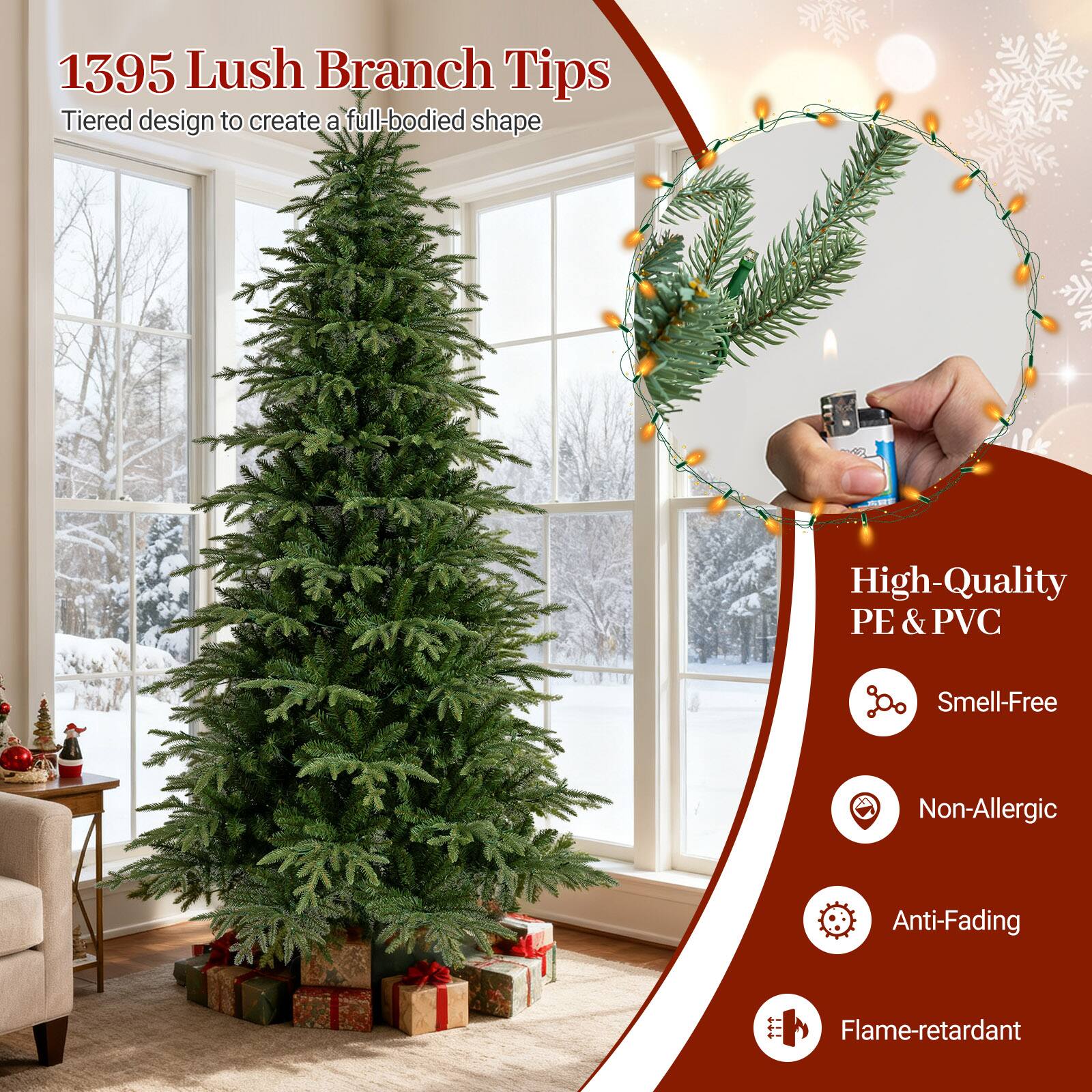 1395 Lush Branch Tips  
Tiered design to create a full-bodied shape  

High-Quality PE & PVC  
Smell-Free  
Non-Allergic  
Anti-Fading  
Flame-retardant