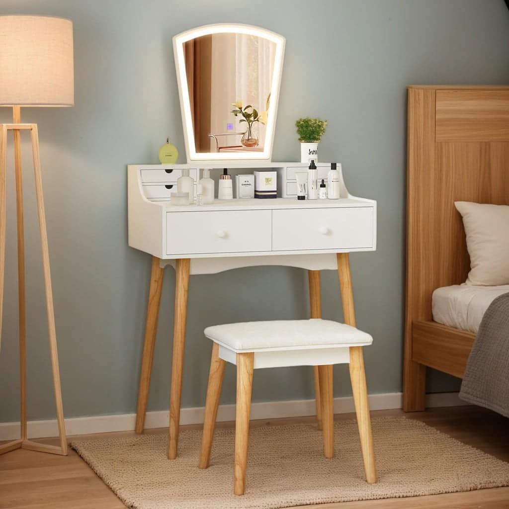 Kadyn - Table & Chair Vanity Set, Vanity Set,Vanity Desk Set with 3-Color Adjustable LED Lighted Mirror and Drawers - White