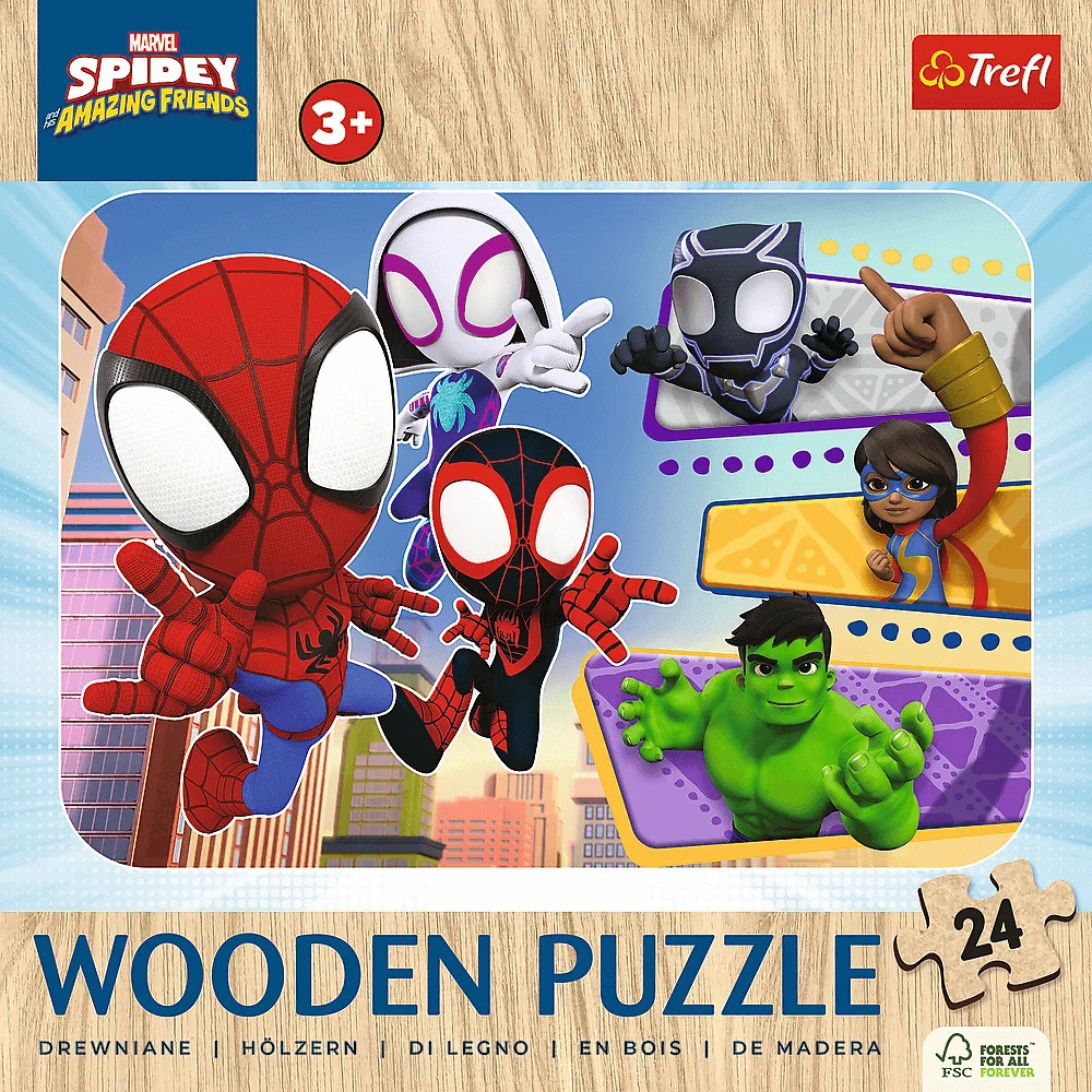 MARVEL SPIDEY AMAZING FRIENDS  
3+  

Trefl  
24 WOODEN PUZZLE  
DREWNIANE | HÖLZERN | DI LEGNO | EN BOIS | DE MADERA  

FORESTS FOR ALL FSC FOREVER