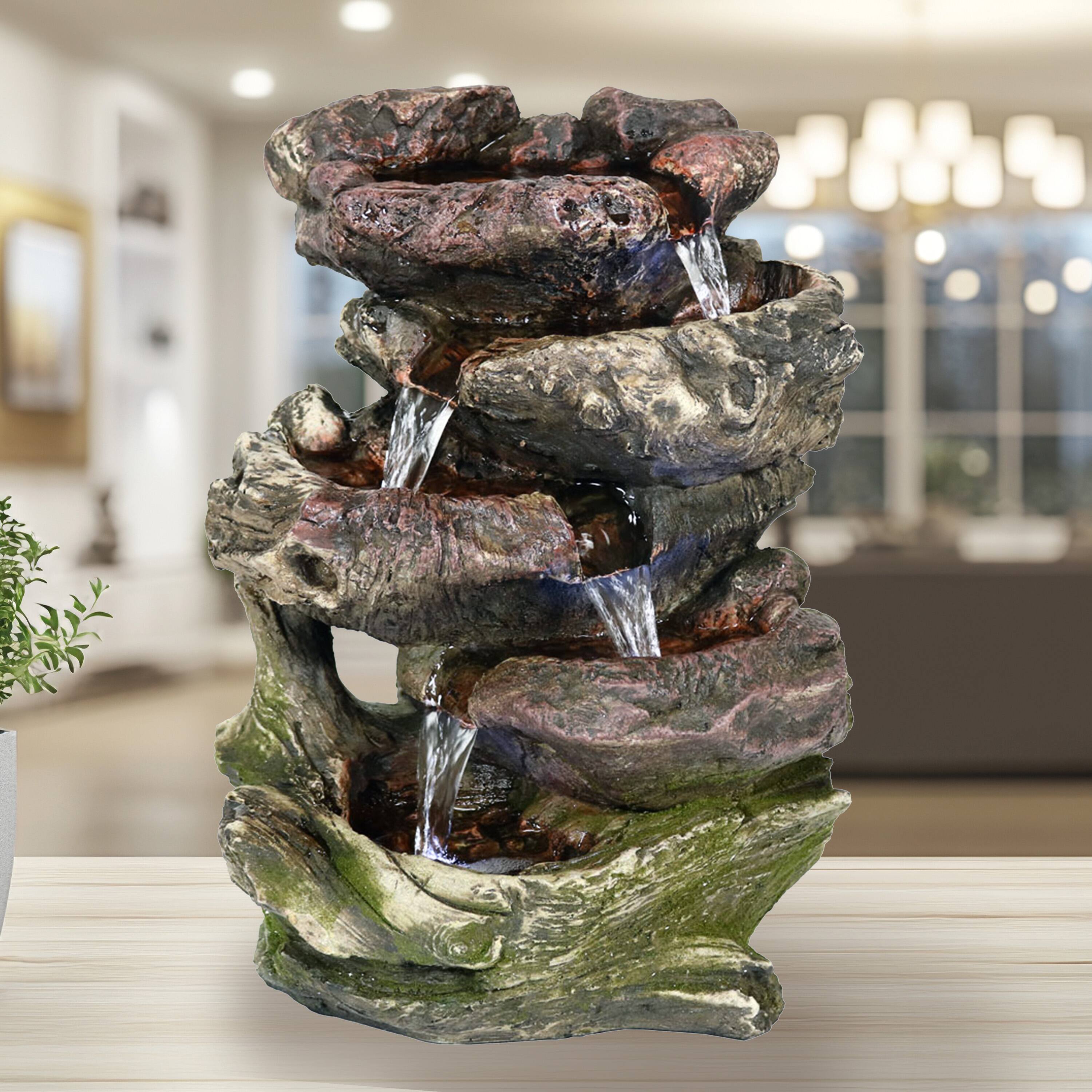 Alt View 8. Sunnydaze - Rock Falls 5-Step Indoor Water Fountain with LED Lights - 14 in - Dark Brown.