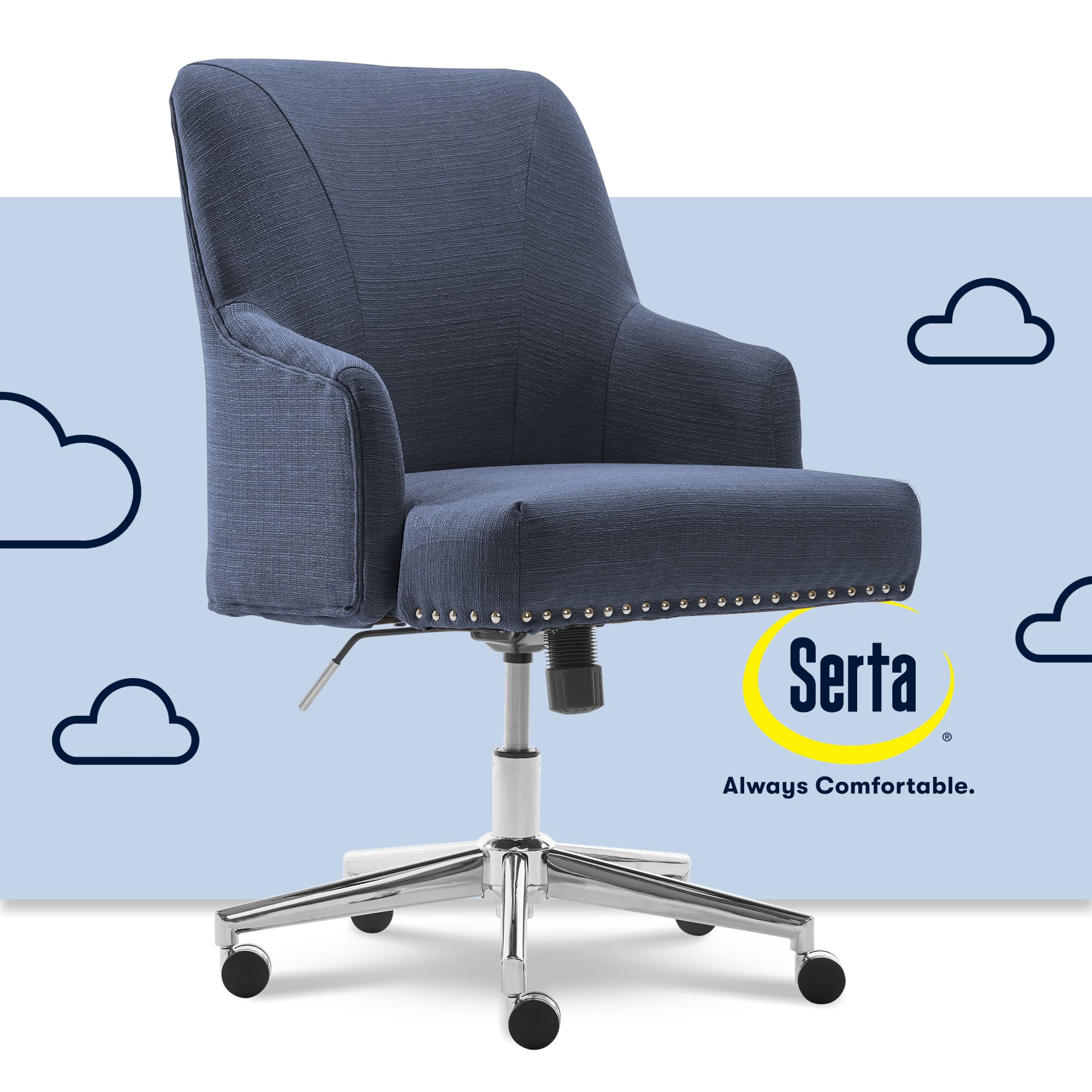 The image features a blue chair with a metal base and a cushion, sitting on a wheeled metal stand. The chair is positioned in front of a cloudy blue background. The text "Serta" is displayed in the top right corner of the image, while "Always Comfortable" is placed in the bottom right corner.