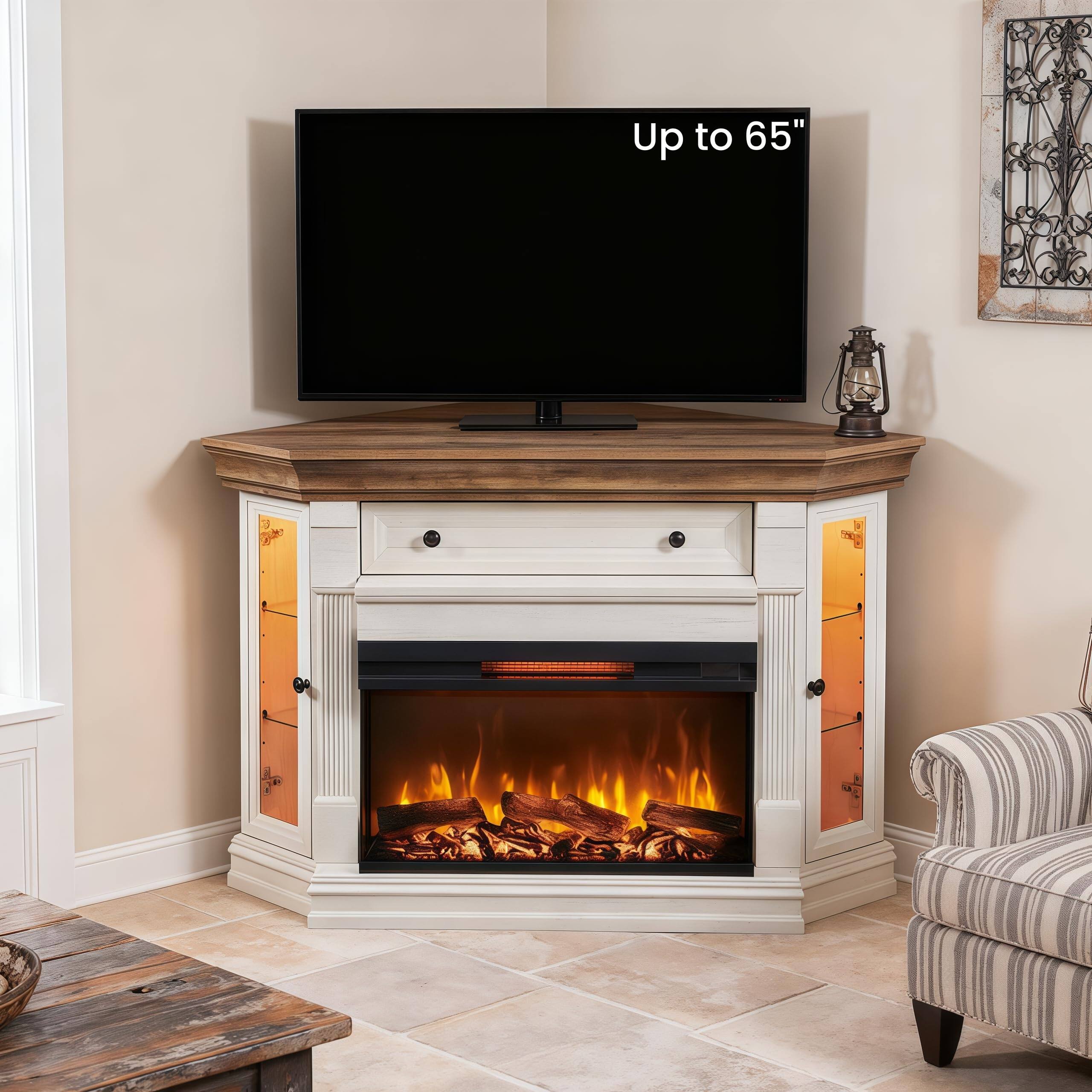 PO3TICJUNKI3 - 56" Corner Fireplace TV Stand for 65" TVs, 30" 3-Sided Electric Fireplace, Farmhouse Storage Unit - Antique White