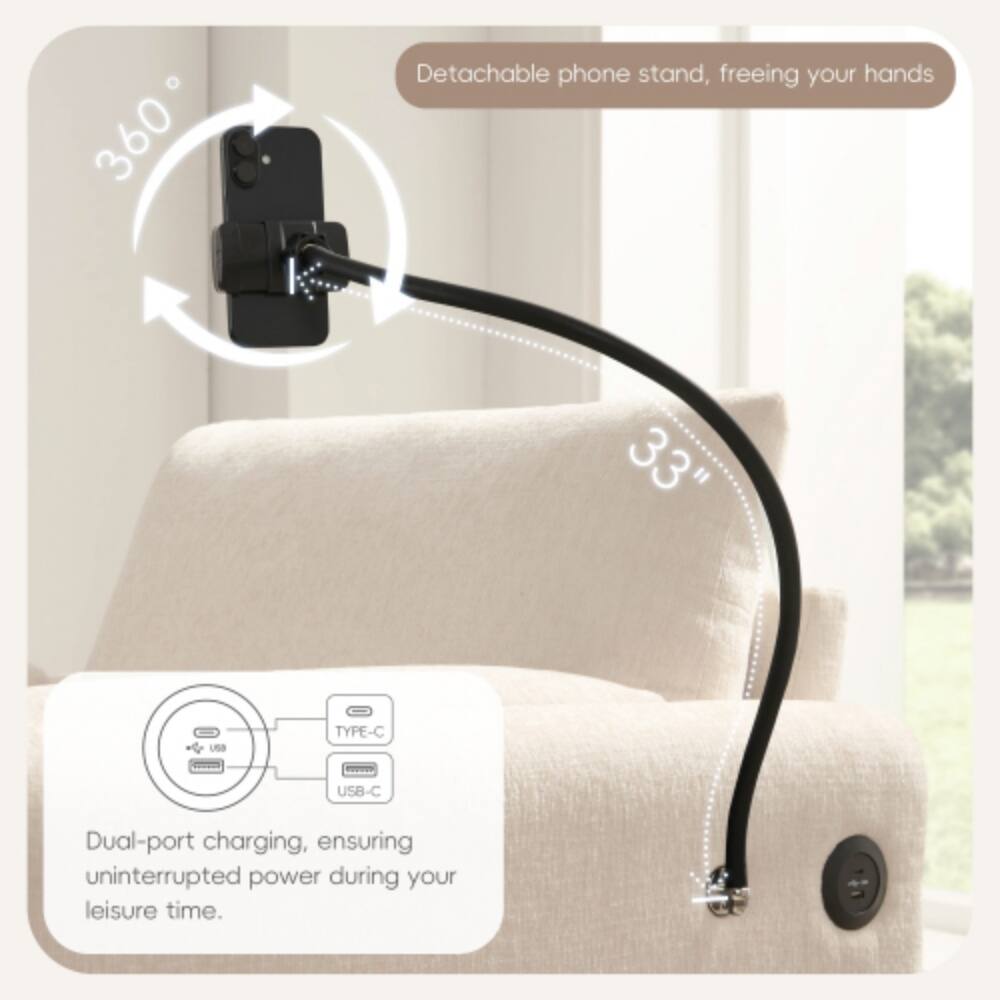 360° Detachable phone stand, freeing your hands

33" USA TYPE-C USB-C Dual-port charging, ensuring uninterrupted power during your leisure time.