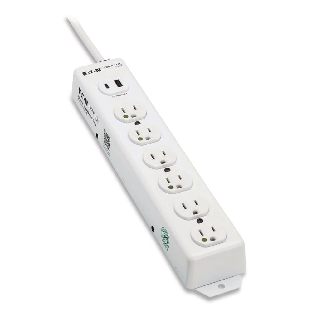 Tripp Lite - PS-602-HGUSB Safe-IT Medical-Grade Power Strip with Antimicrobial Protection 6 Hospital-Grade Outlets - White
