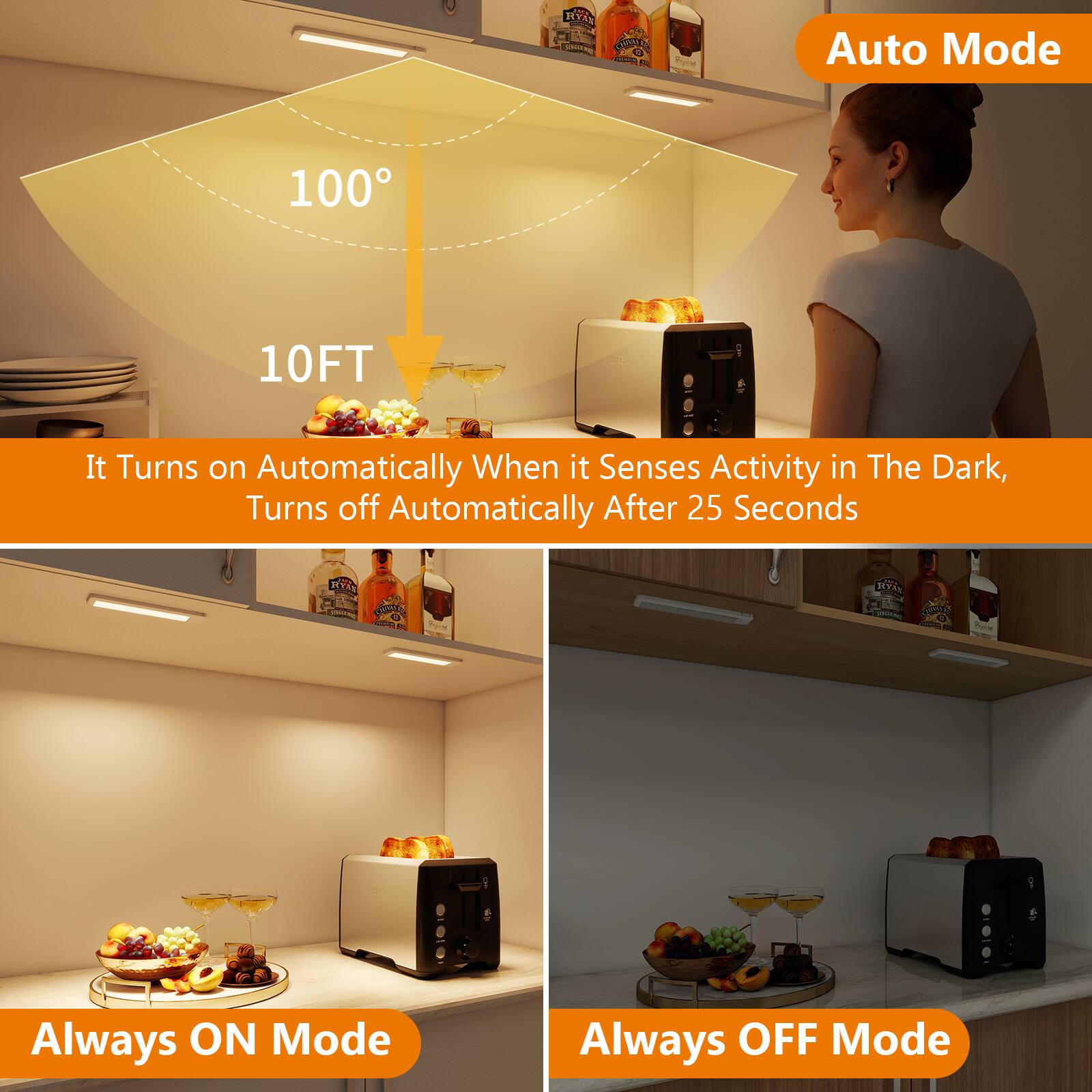 RVR - NUTEN

Auto Mode
- 100°
- 10FT
- It Turns on Automatically When it Senses Activity in The Dark, Turns off Automatically After 25 Seconds

Always ON Mode

Always OFF Mode