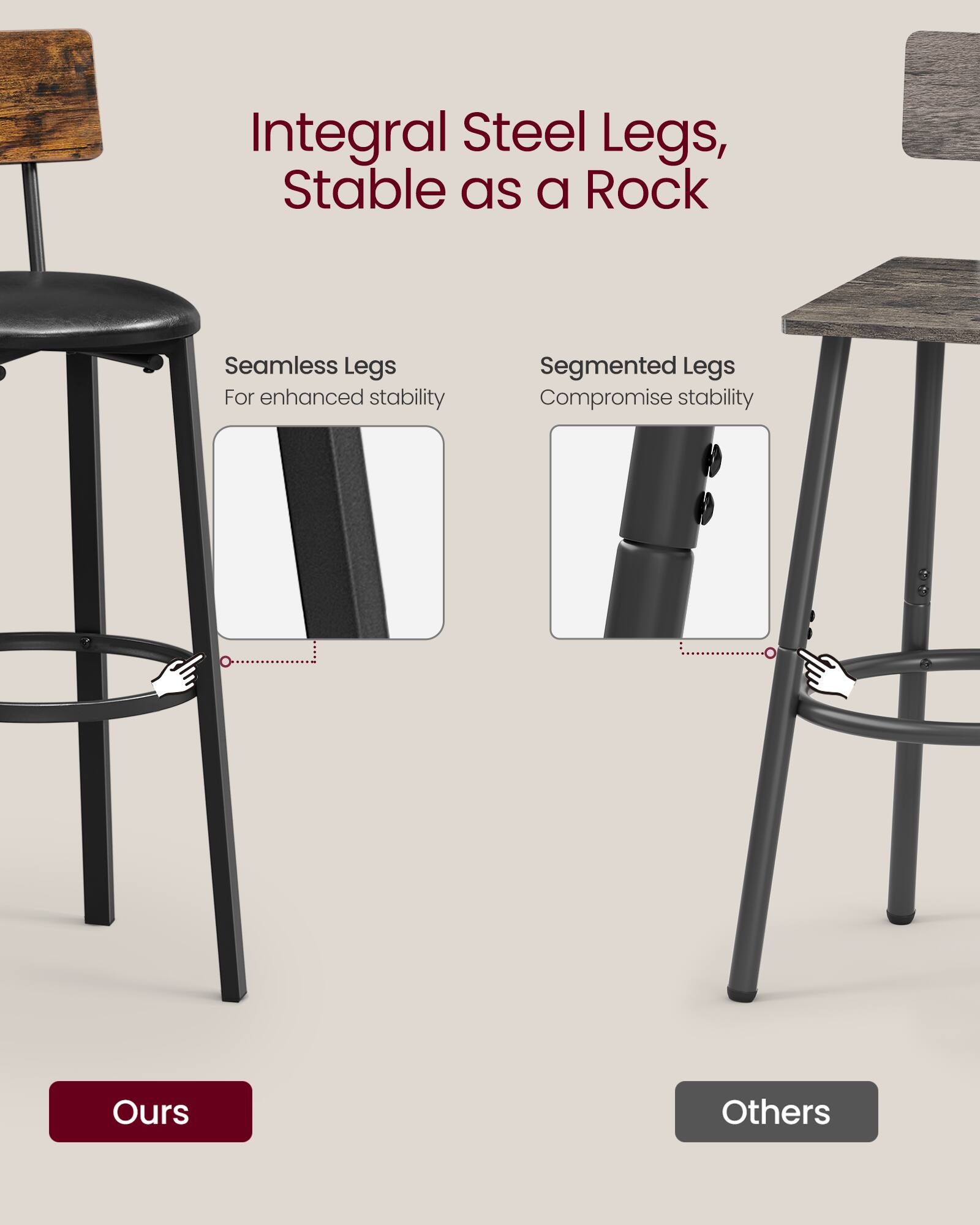 Integral Steel Legs, Stable as a Rock

Seamless Legs  
For enhanced stability

Segmented Legs  
Compromise stability

Ours

Others
