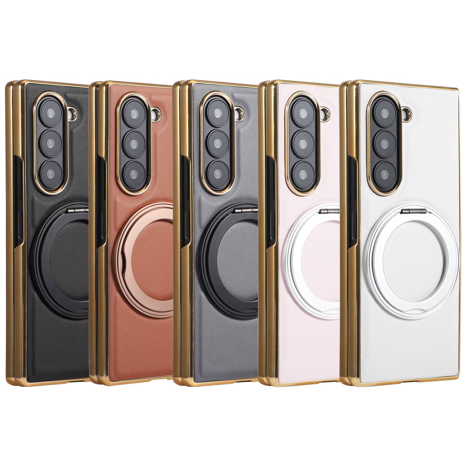 Alt View 1. Dteck - Electroplated Leather Texture Case for Samsung Galaxy Z Fold8 Ultra, Shockproof Magnetic Rigid PC Cover with Ring Stand - Pink.
