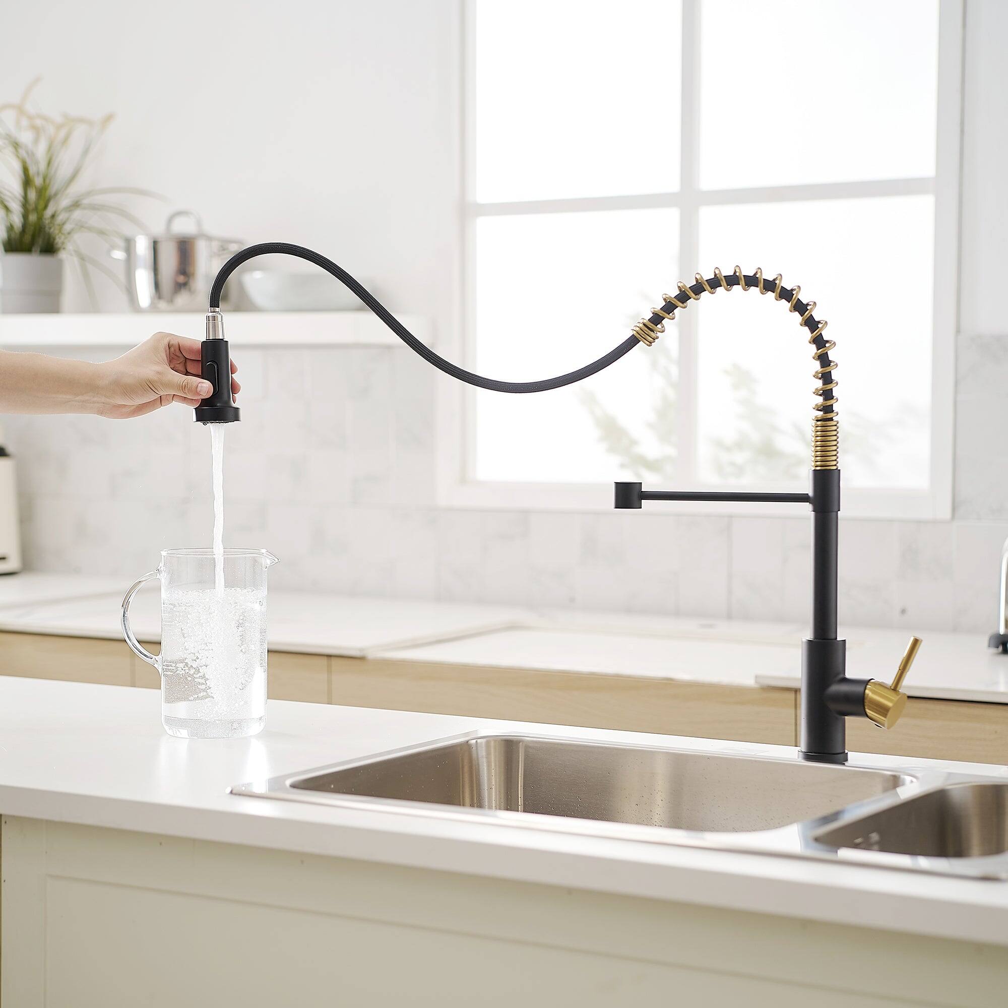 Alt View 4. Boyel Living - Matte Black with Brushed Gold Stainless Steel Pull Down Sprayer Kitchen Faucet with Water Supply Hoses - Matte Black with Brushed Gold.