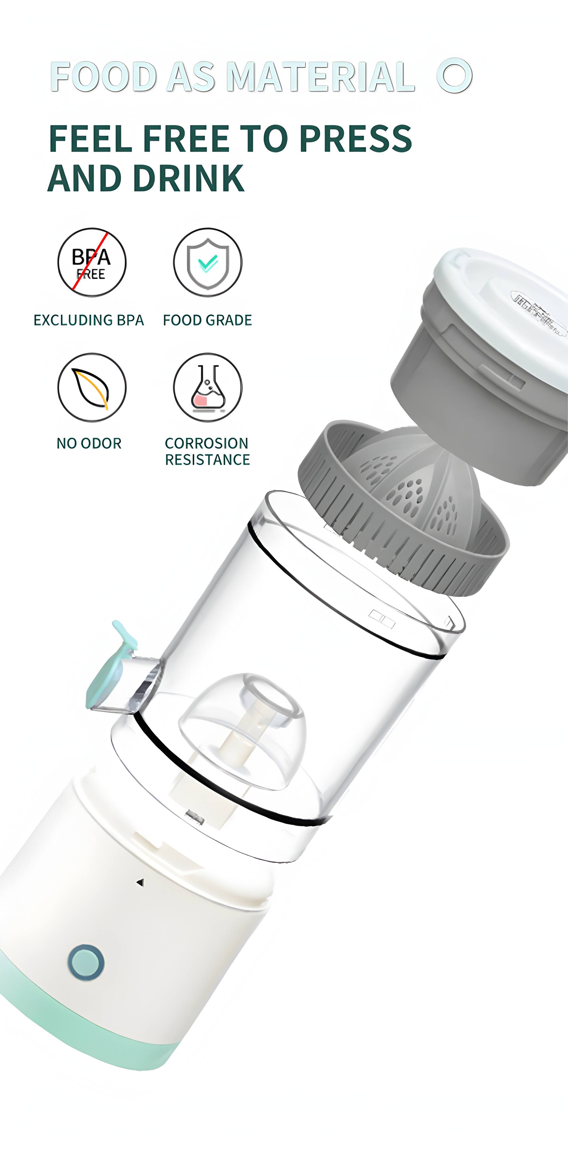 FOOD AS MATERIAL  
FEEL FREE TO PRESS AND DRINK  
BPA FREE  
EXCLUDING BPA  
FOOD GRADE  
NO ODOR  
CORROSION RESISTANCE