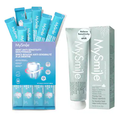 MySmile
MINT ANTI-SENSITIVITY MOUTHWASH
RINCE-BOUCHE ANTI-SENSIBILITÉ À LA MENTHE
Potassium Nitrate Free
Alcohol Free
Fluoride Free
Relieve Sensitivity with nHA
MySmile
MISTY MINT
premium toothpaste
With nHA
Reduces Sensitivity
Remineralizes
Whitens Teeth
Fluoride-Free
Natural Ingredients
For Sensitive Teeth
Helps Fortify Enamel
NET WT 4.2 oz / 120g
30 mL
NET WEIGHT / POIDS NET : 360 ml