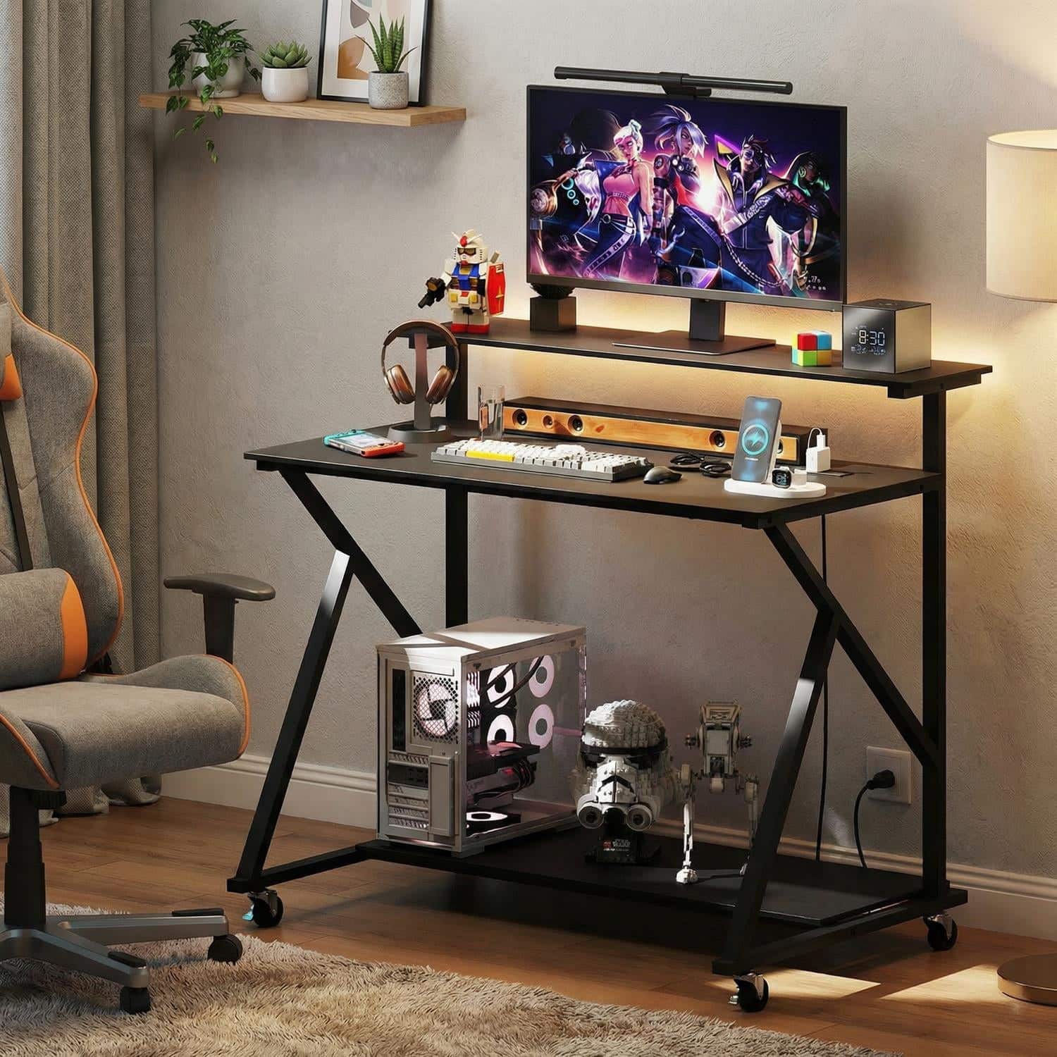 Pefilos - Rolling Computer Desk with Charging Station & Monitor Shelf, Mobile Home Office Workstation with Storage for Small Space - Black