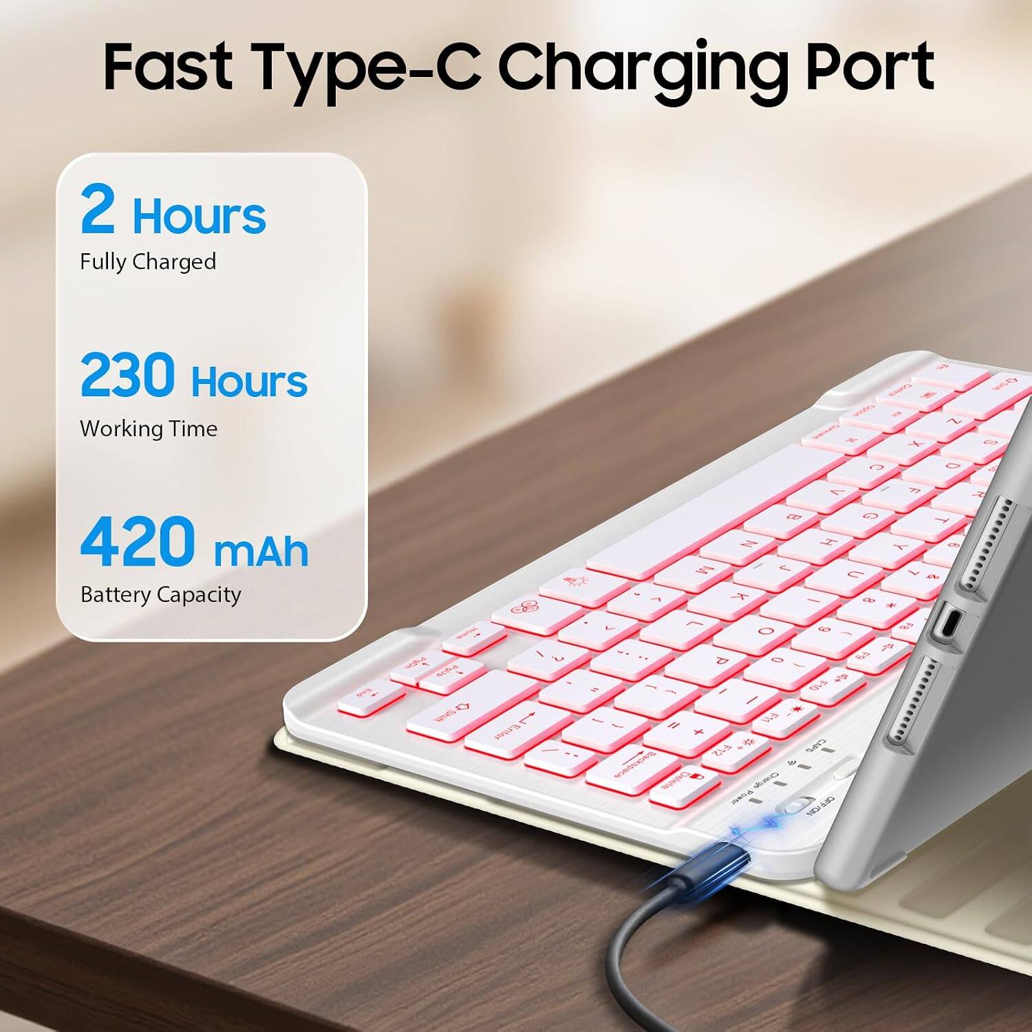 Fast Type-C Charging Port  
2 Hours Fully Charged  
230 Hours Working Time  
420 mAh Battery Capacity  

Eng  
PEON Shift  
Enter  
?  
Centrol Z X C D L B G T Z I Y 9 J U 7 & K - 8 * > L O 9 F8 .. - P 0 F9 F10 " - I I - N F11 + F12 CAPS Backspace Delete Change TOMAR OFF/ON  
S R