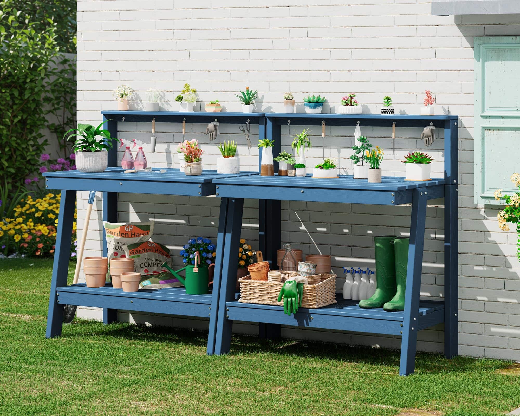 SERWALL - 3-Tier HDPE Heavy Outdoor Potting Table Set of 2, Workbench with Storage and Angled Legs & Tool Hooks, All Weather - Blue price history on PriceWatchPro