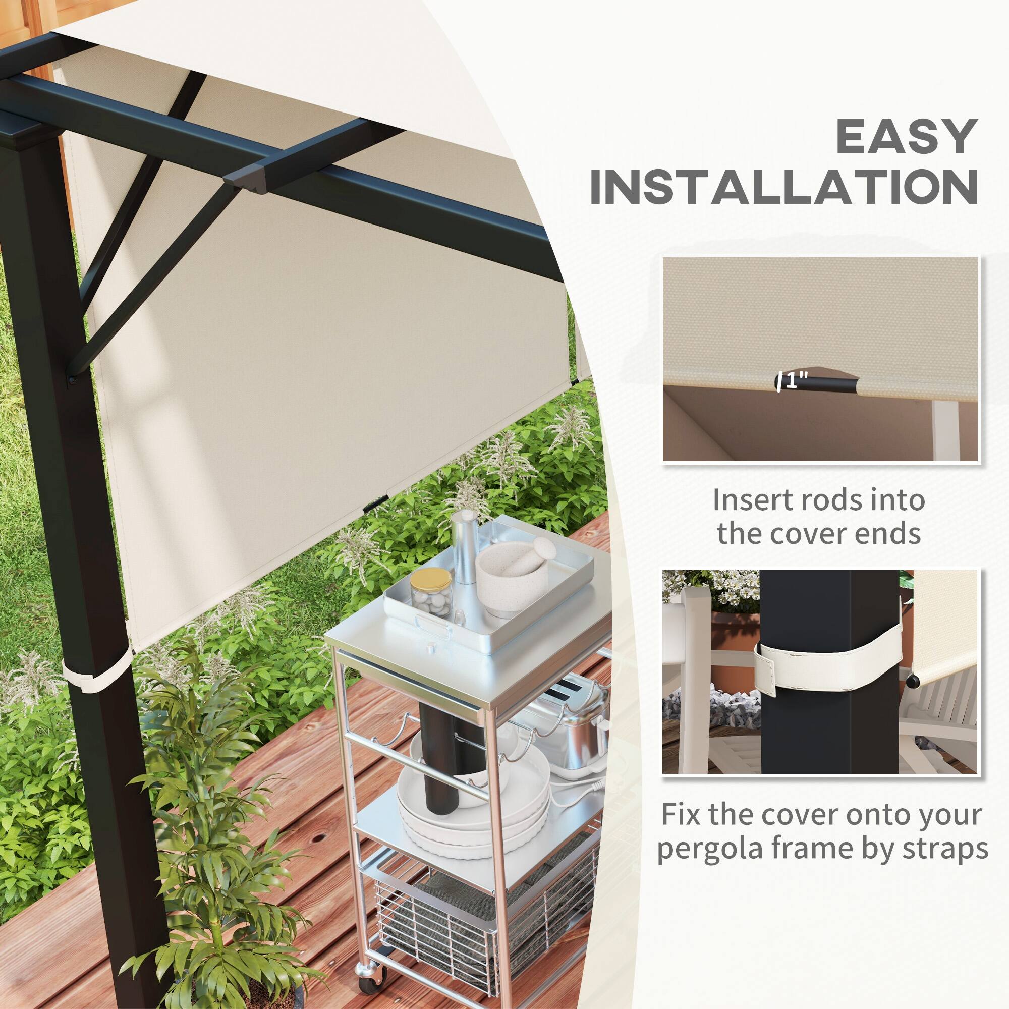 EASY INSTALLATION

11" Insert rods into the cover ends

Fix the cover onto your pergola frame by straps