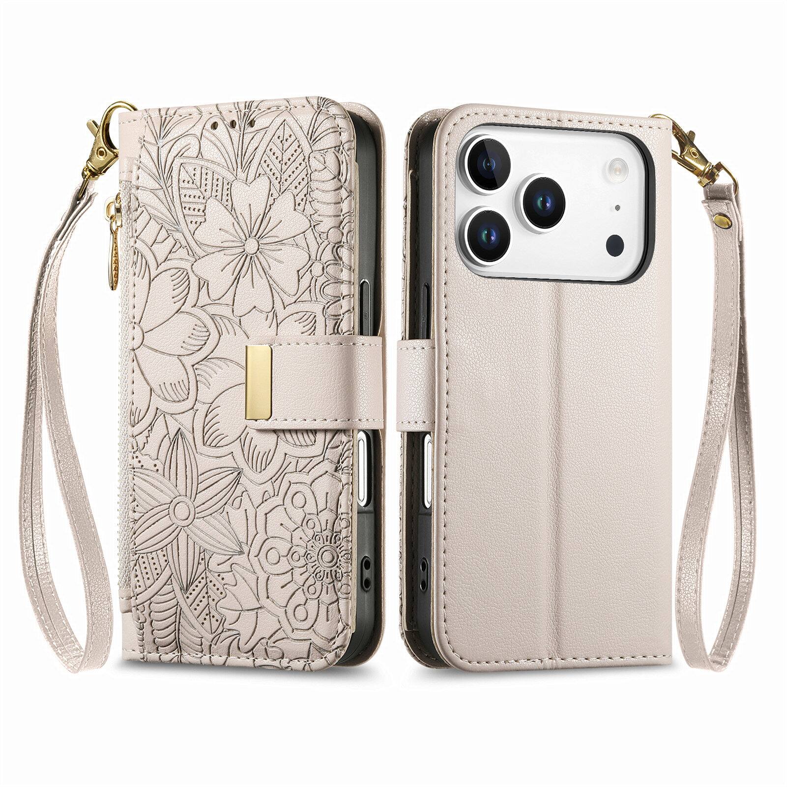 Angle. UUCOVER - Floral PU Leather Wallet Case for iPhone 17 Pro Max with Zipper Pocket, Card Slots,Shoulder & Wrist Strap, Stand Cover - Beige.